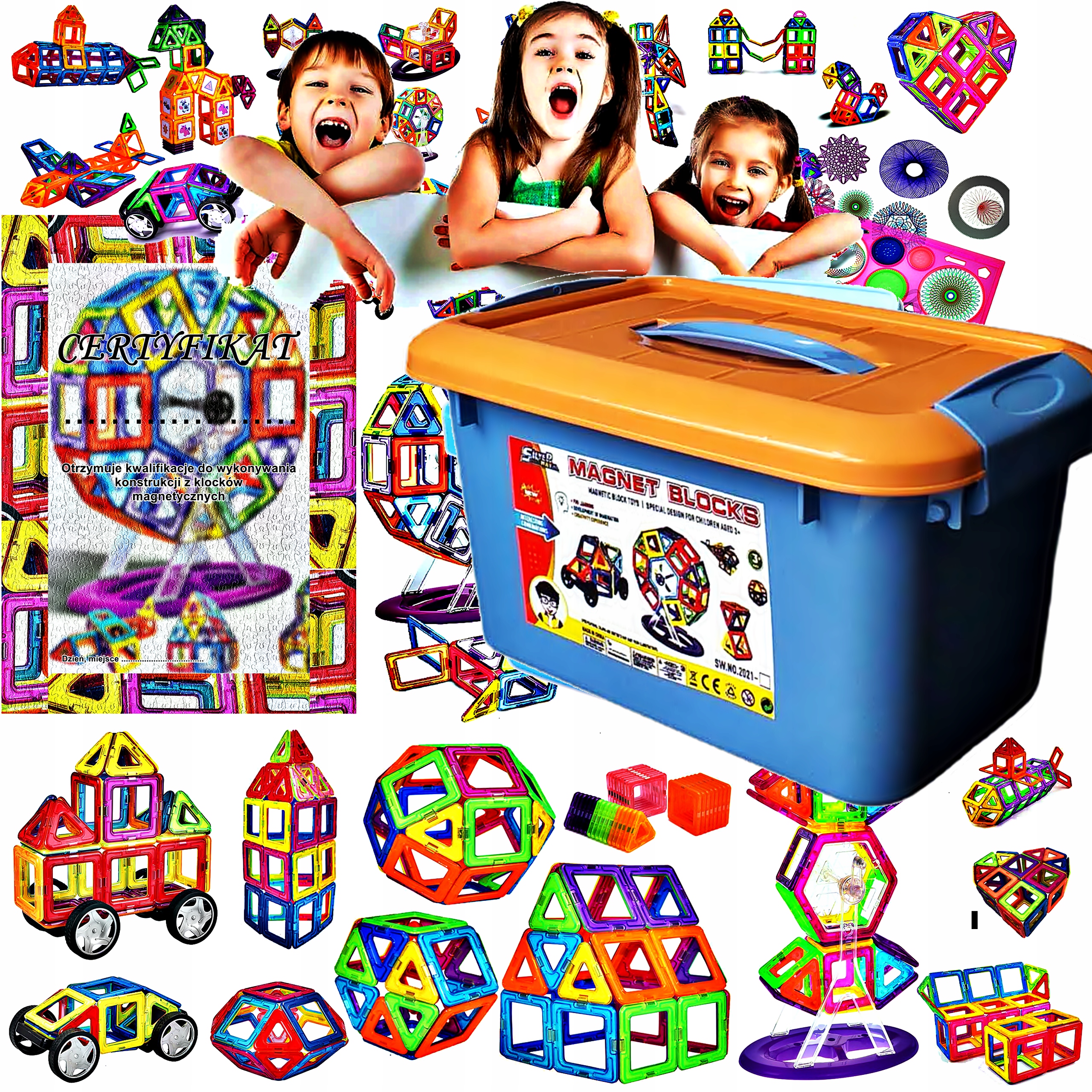 EDUKACYJNE KLOCKI MAGNETYCZNE 124 elementy SZABLON certyfikat GRATIS