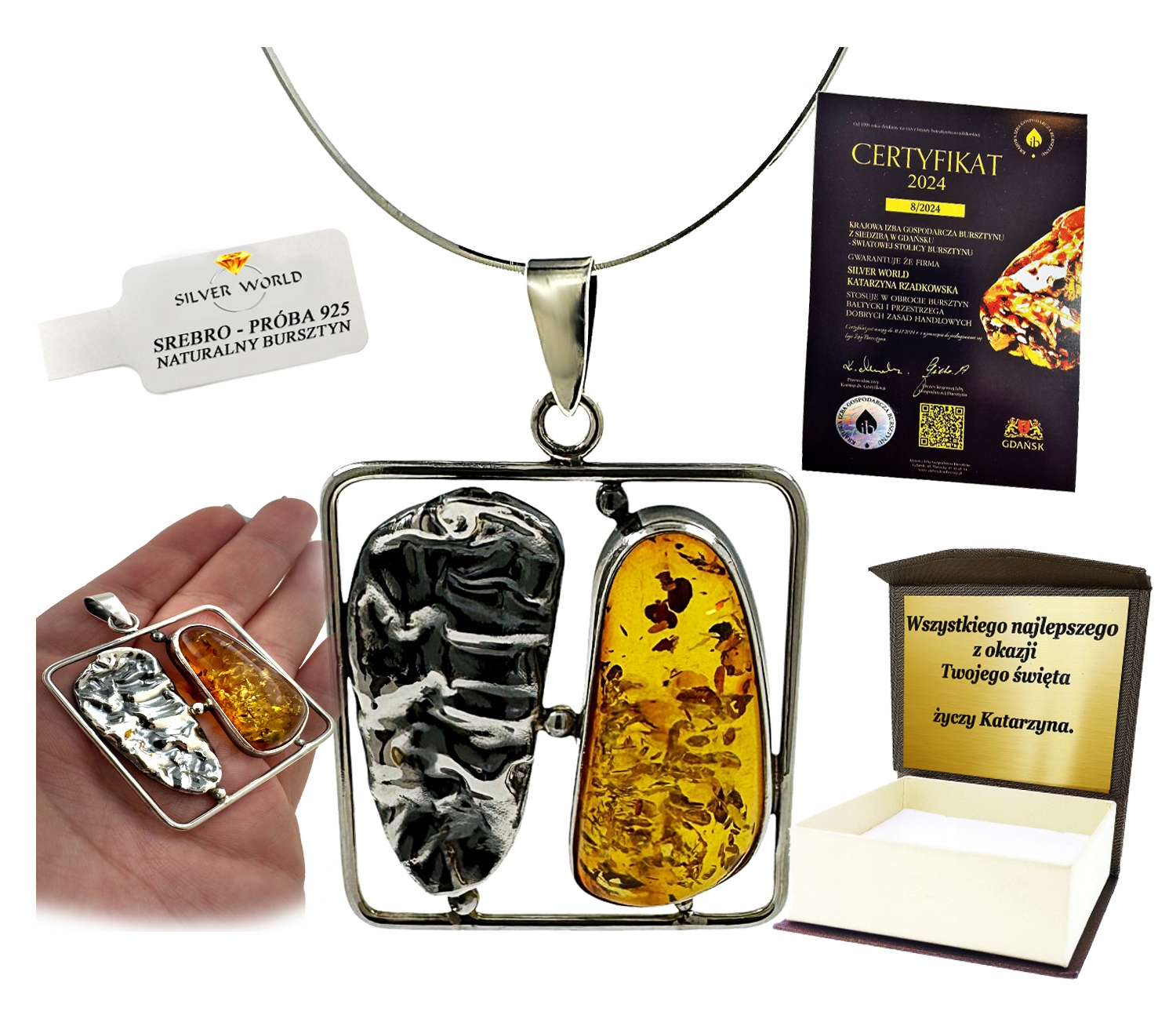 Přívěsek Stříbrný S Přírodním Jantarem Slza Koňak Unikát Gravírování WB6