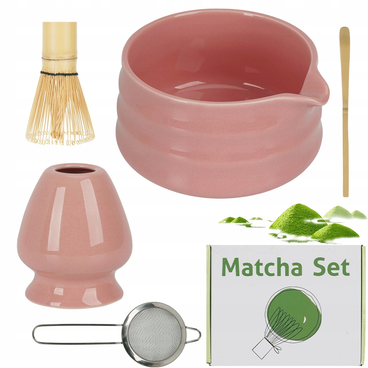 Růžová sada příslušenství pro matcha s bambusovou šlehací metlou a keramickou mísou