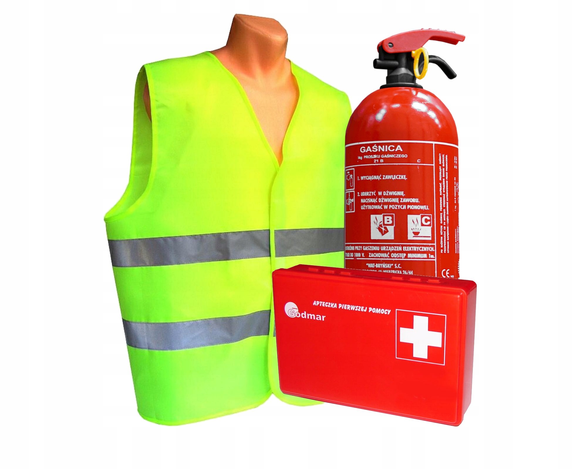 

Apteczka mini B-E02, gaśnica 1kg, kamizelka żółta