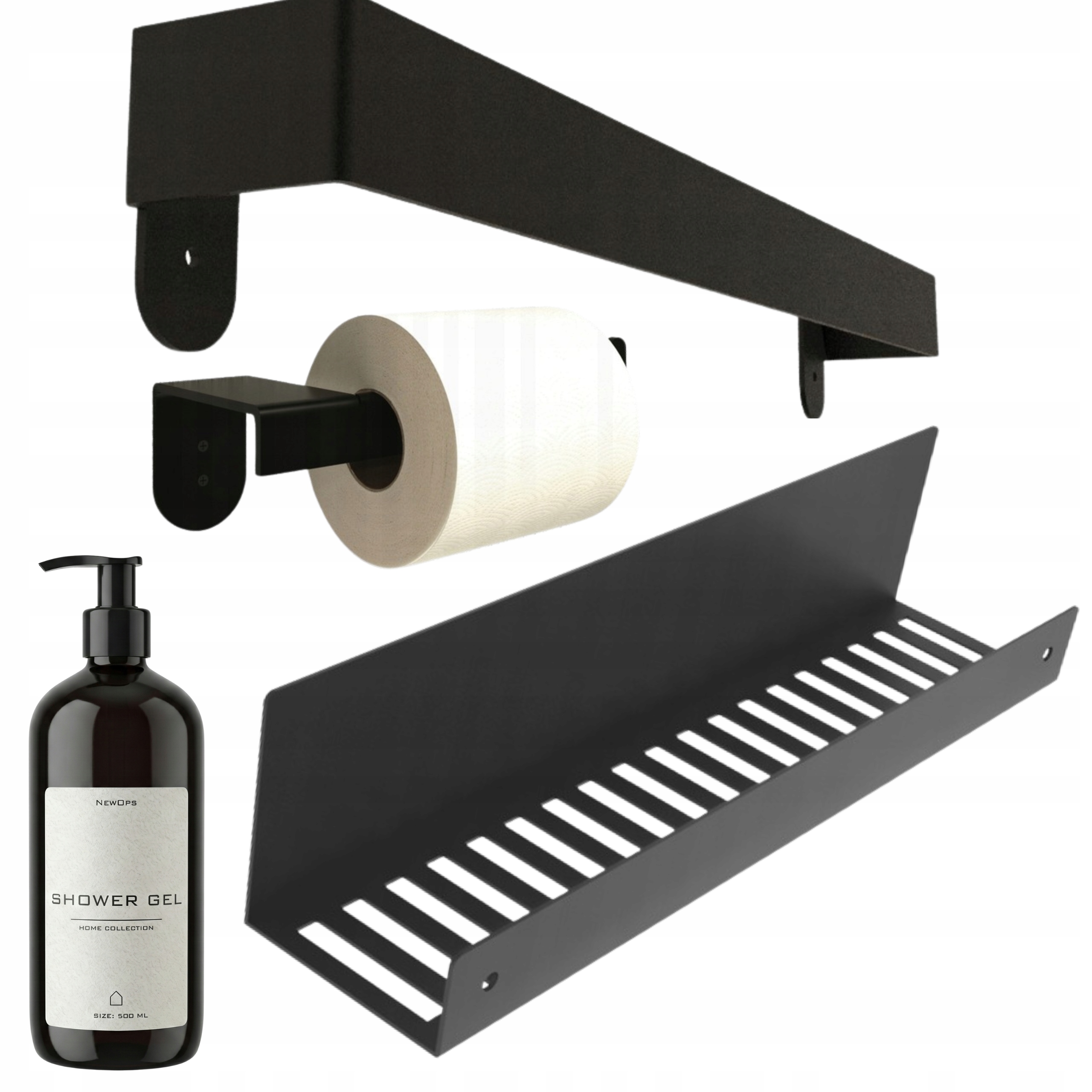 Černý Set Do Koupelny Kovová Sprchová Polička Věšák Držák
