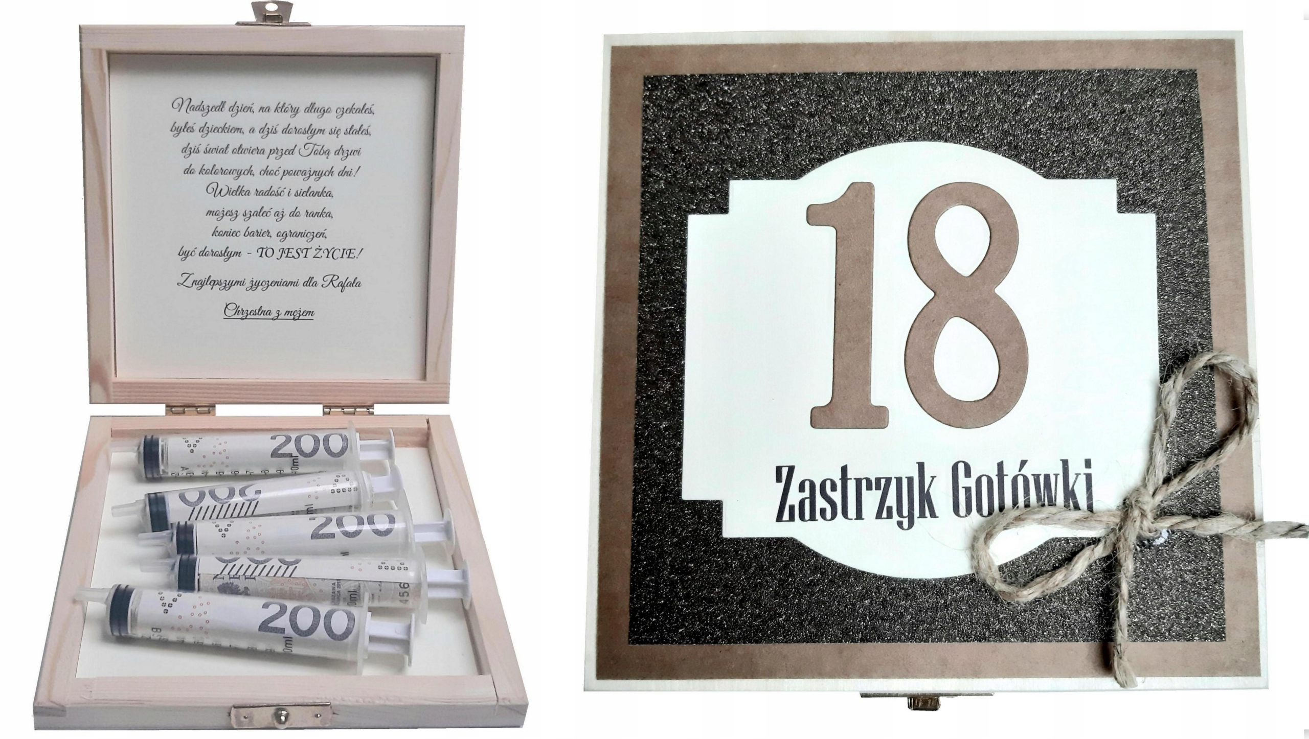 

Zastrzyk Gotówki w drewnianym pudełku 18,30,40....