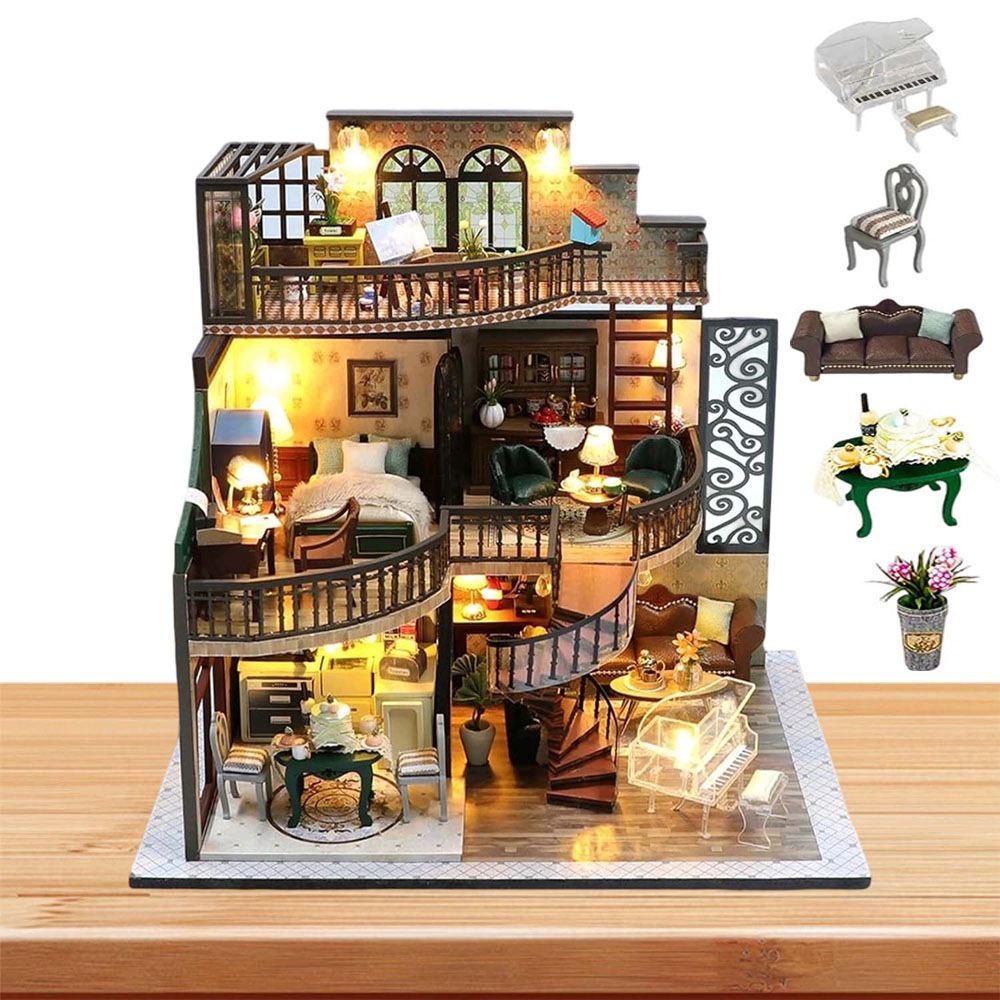 Drewniane Model Domku Diy Miniaturowy Zestaw Puzzle 3D Z Led