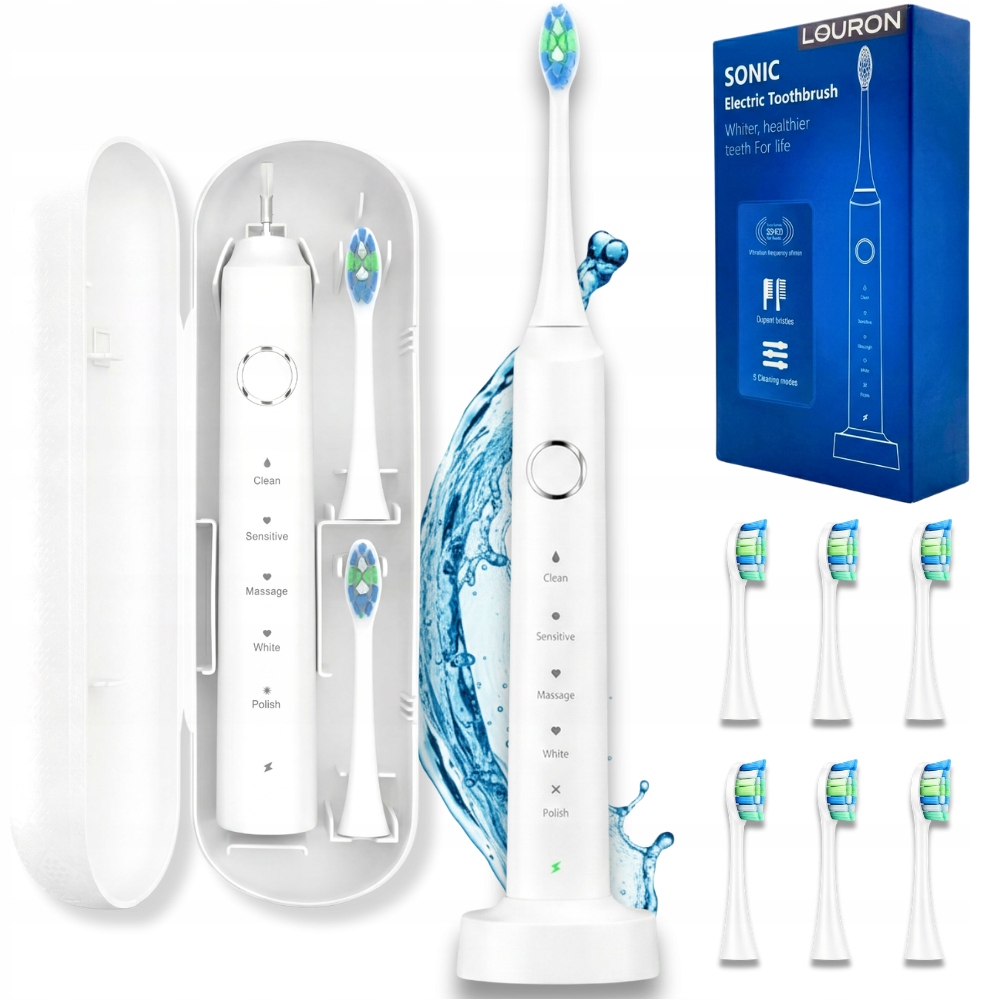 Szczoteczka Soniczna Do Zębów 38tys r/min 6 Końcówek 5 Trybów Etui Indukcja