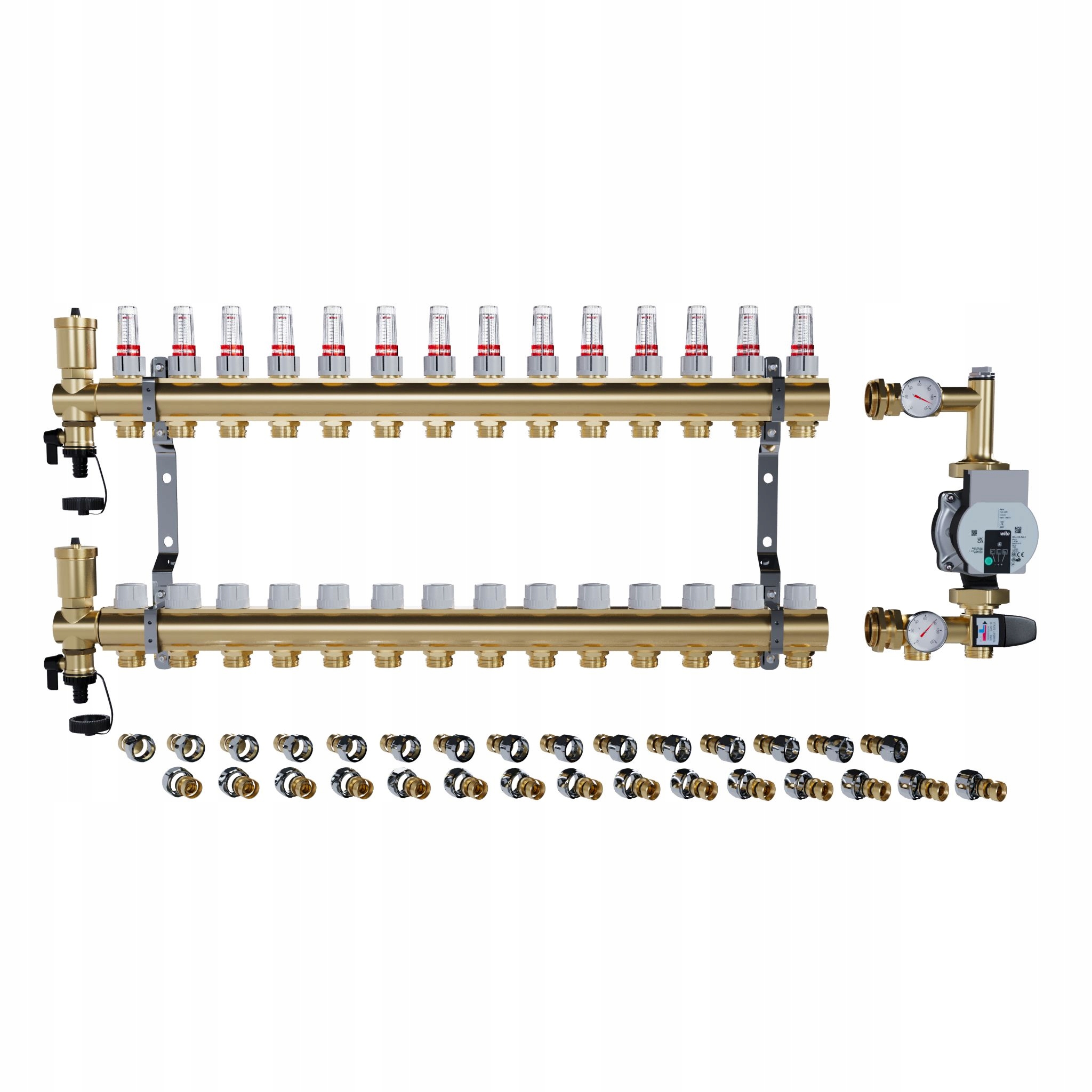 Rozdělovač pro podlahové topení 14 sekcí Spojky Pex Čerpadlo Wilo
