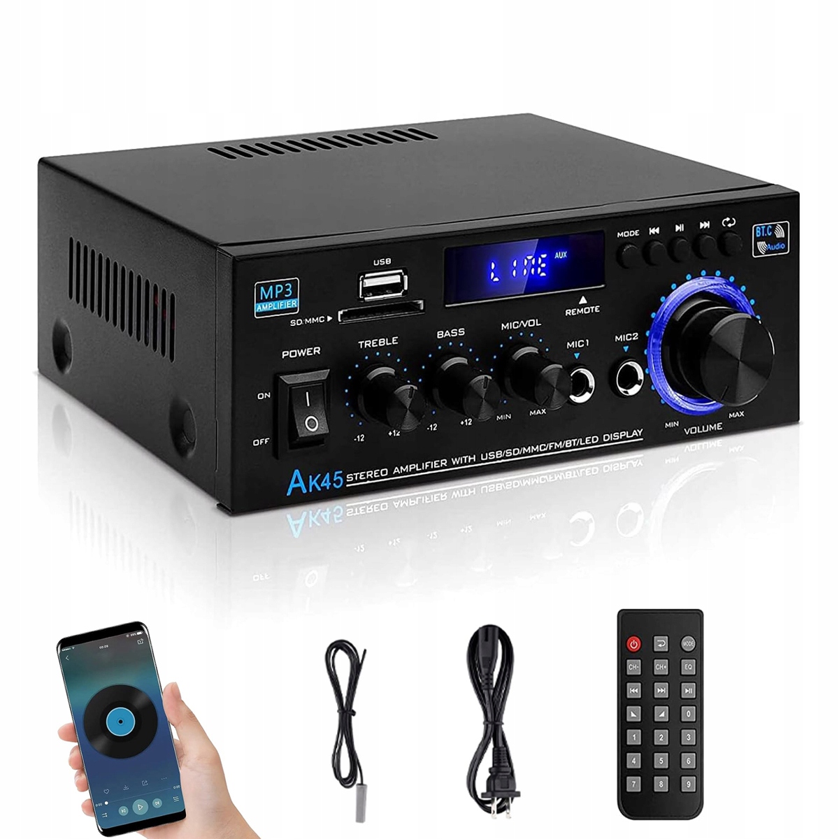 WZMACNIACZ HIFI GŁOŚNIKÓW STEREO BLUETOOTH 5.0 AUX SD/USB AUDIO FM 40W+40W