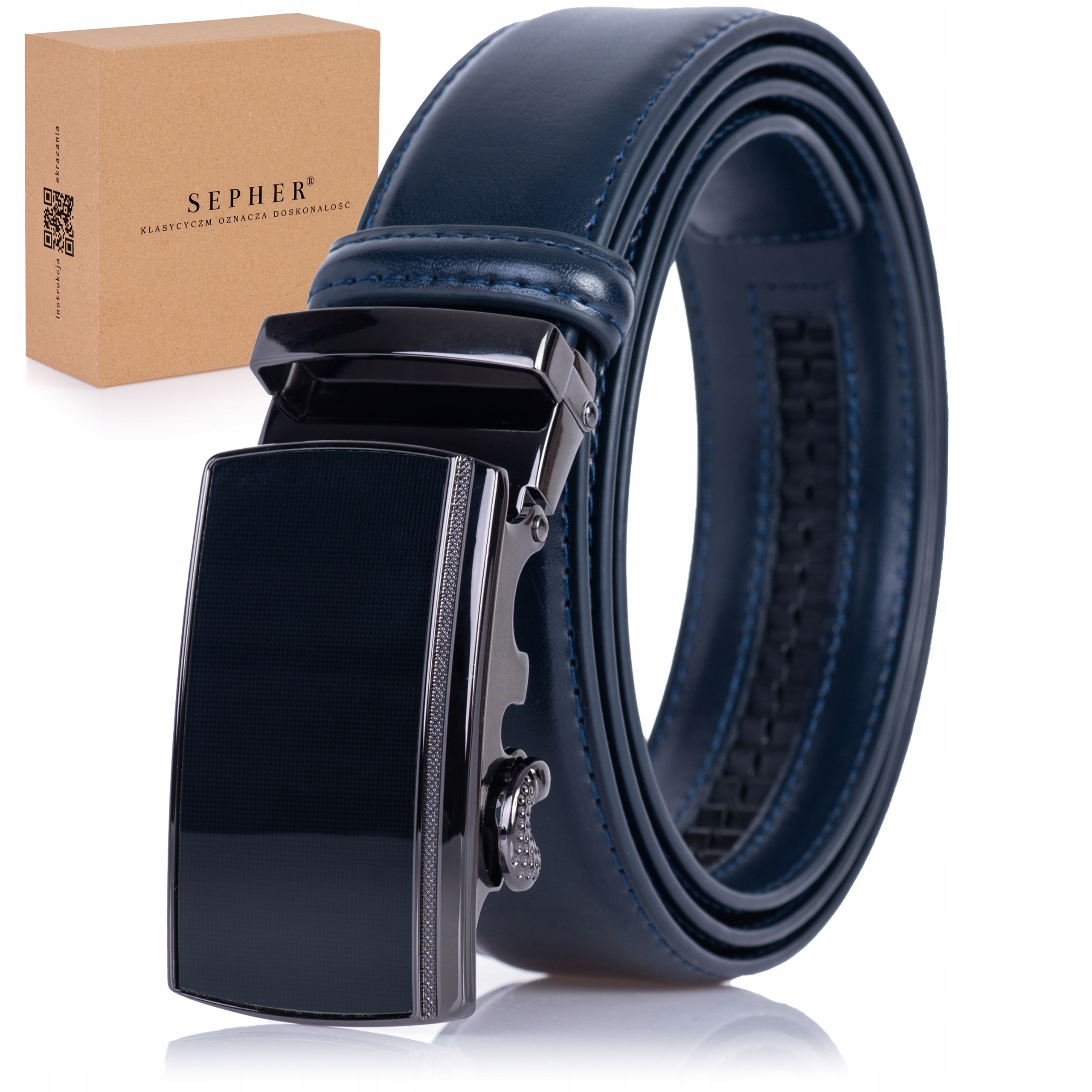 

Pasek Skórzany Męski Automat Granatowy garnituru