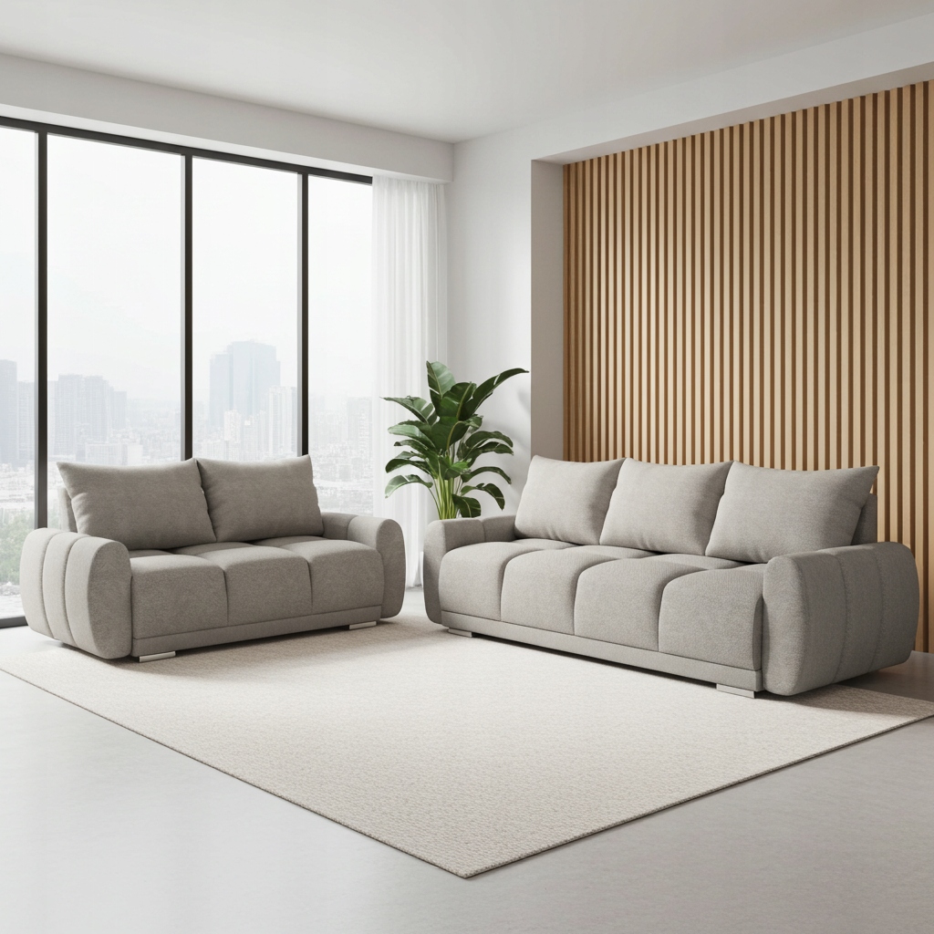 Béžový Komplet Do Obývacího Pokoje S Prošívanou Rozkládací Pohovkou Honey Boucle