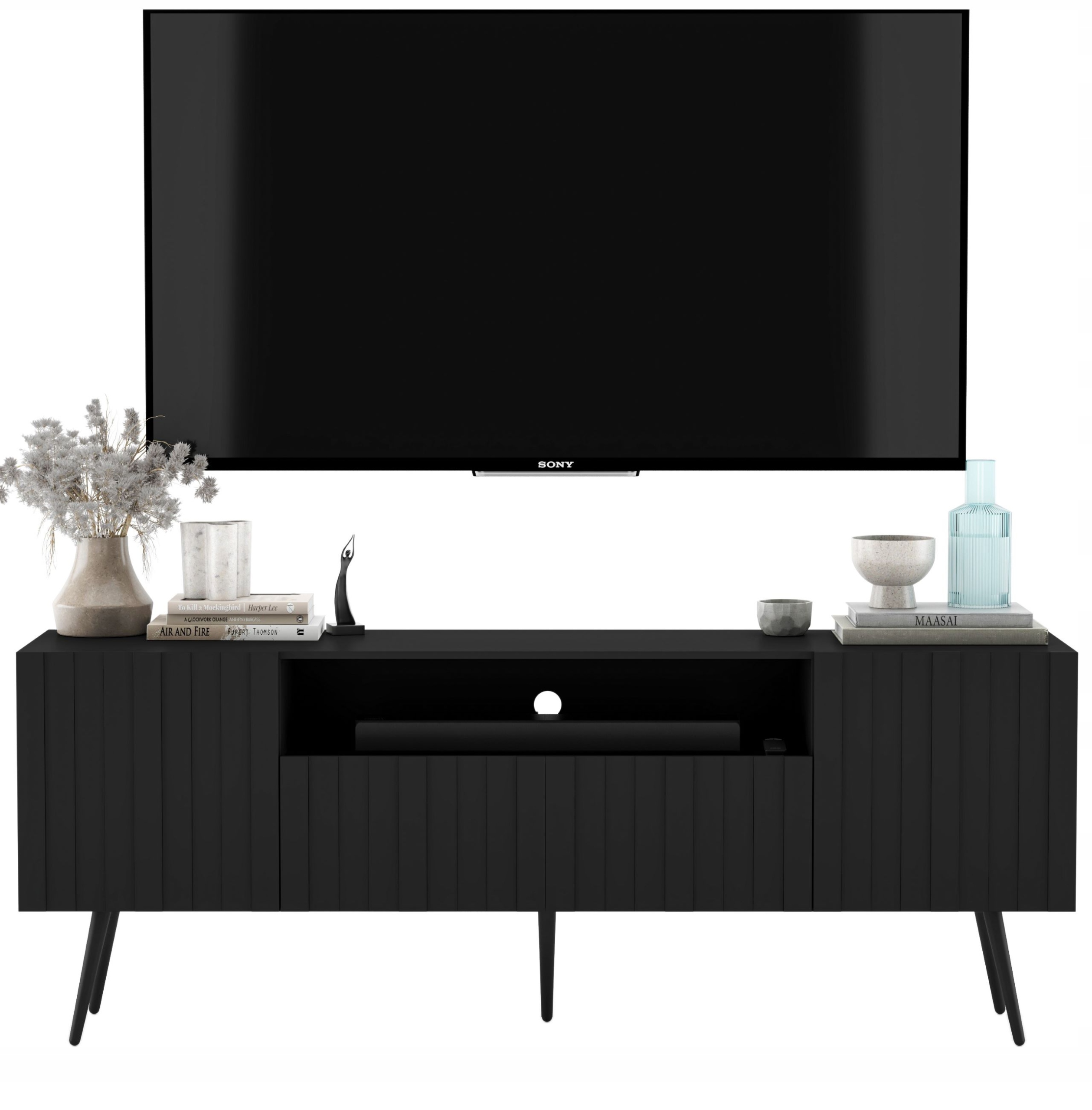 Komoda Rtv Glamour Szafka Rtv Loft Czarny Mat Ryflowana Czarne Nogi Metal