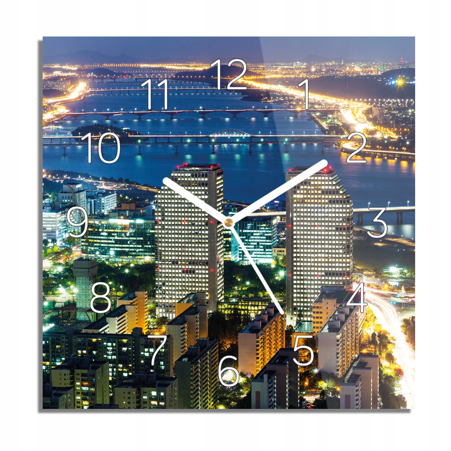 

Wieżowce rzeka mosty zegar na szkle 30x30 kwadrat