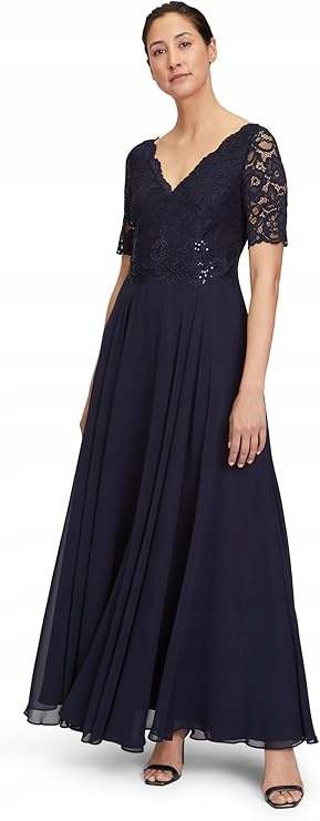 Vera Mont Tmavě Modrá Šaty Maxi S Krajkovým Výstřihem A Rukávem 46 Jpb