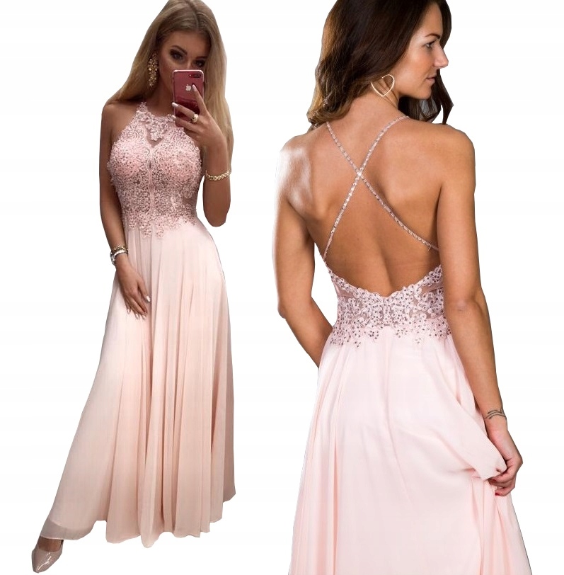 PUDROWA DŁUGA SUKIENKA z z cyrkoniami ślub M