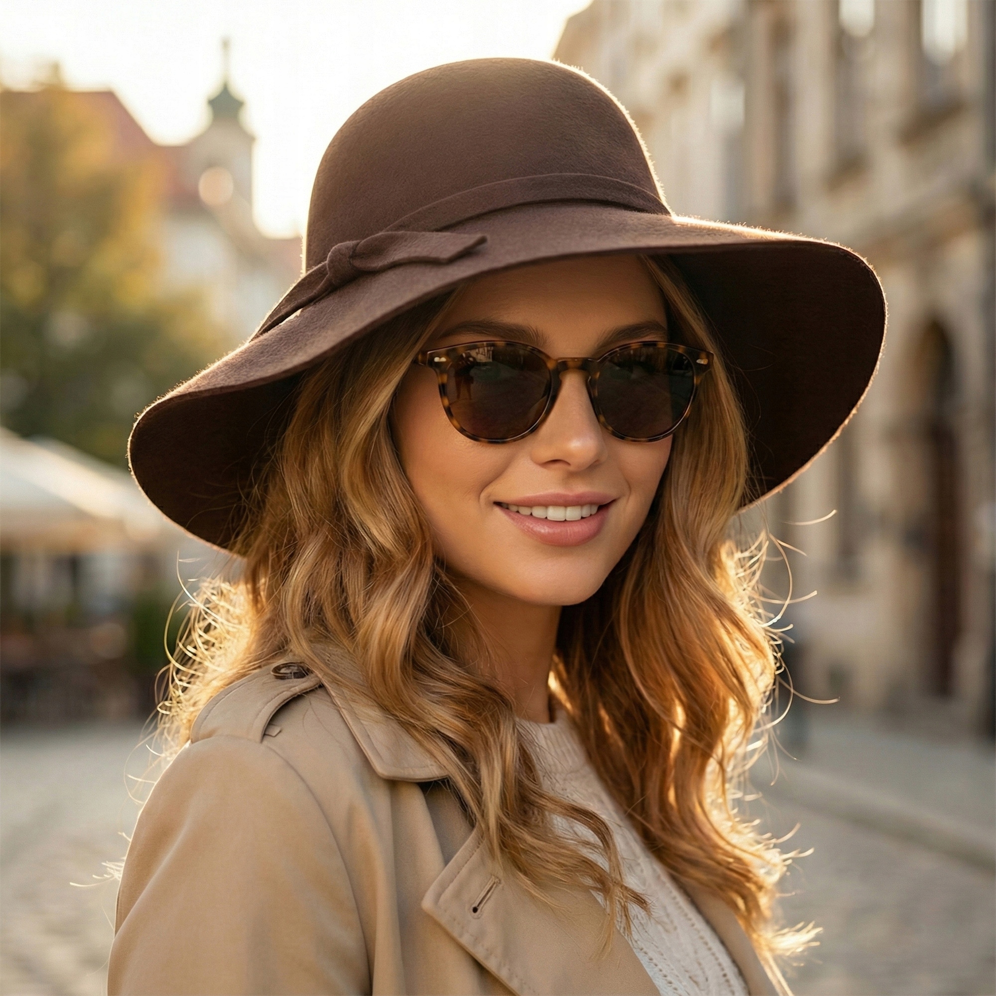 KAPELUSZ DAMSKI FILCOWY Z DUŻYM RONDEM BRĄZ BOHO brązowy Płeć kobieta