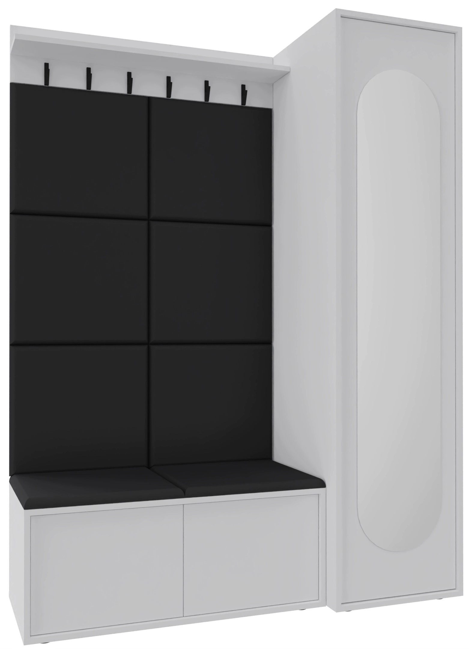 Garderoba Z Siedziskiem Eden 150CM Lustro Biała 18MM Panel Wieszak Czarny