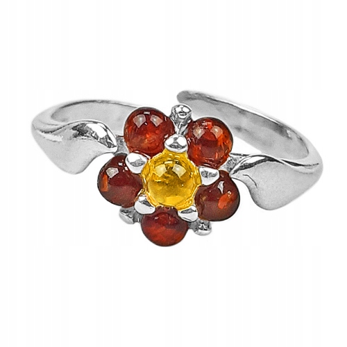Stříbrný Prstýnek s nastavitelnou velikostí, květina z přírodního Jantaru a Stříbra ag925