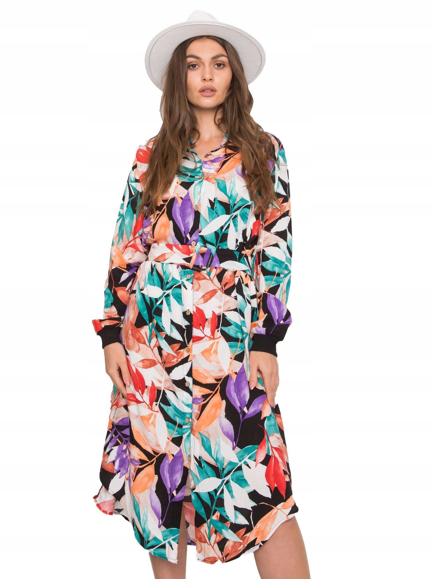 

Sukienka Kobieca MIDI W Roślinny Wzór Print - S/m