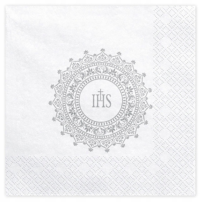 Serwetki komunijne na stół IHS Komunia srebrne 20szt