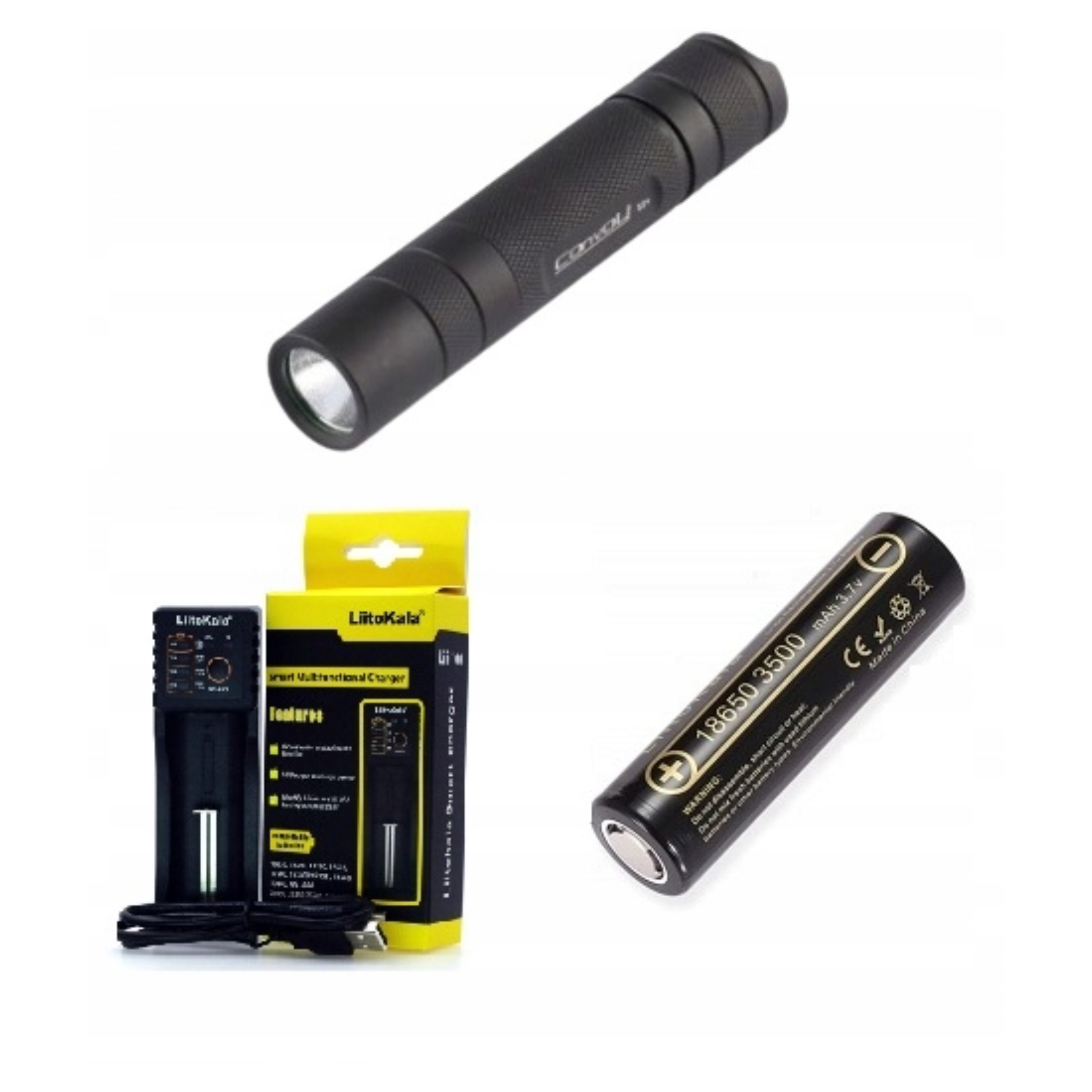 Svítilna Convoy S2+ T6-4C Článek Nabíječka Liitokala Lii-100 Set