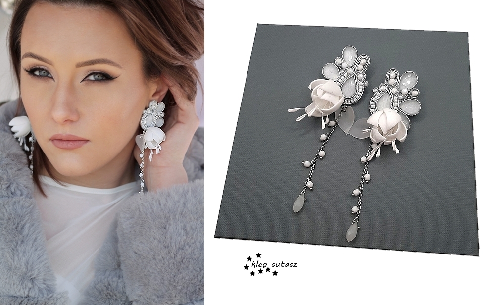 ŚLUBNE KOLCZYKI SUTASZ SREBRNE BIAŁE BOHO KWIATY