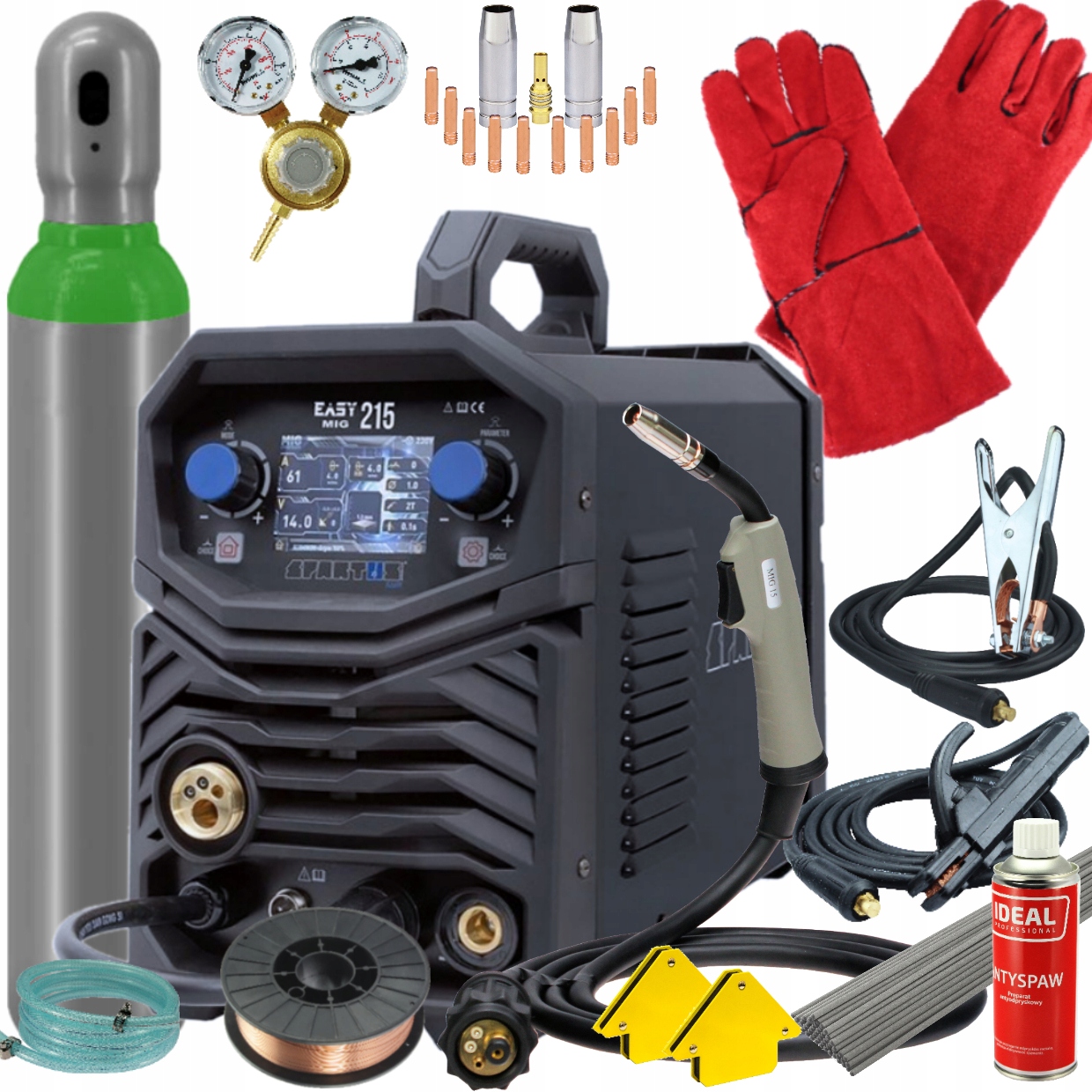 ZESTAW SPAWARKA MIGOMAT EASYMIG 215 MMA IGBT 3W1 SYNERGIA SPARTUS