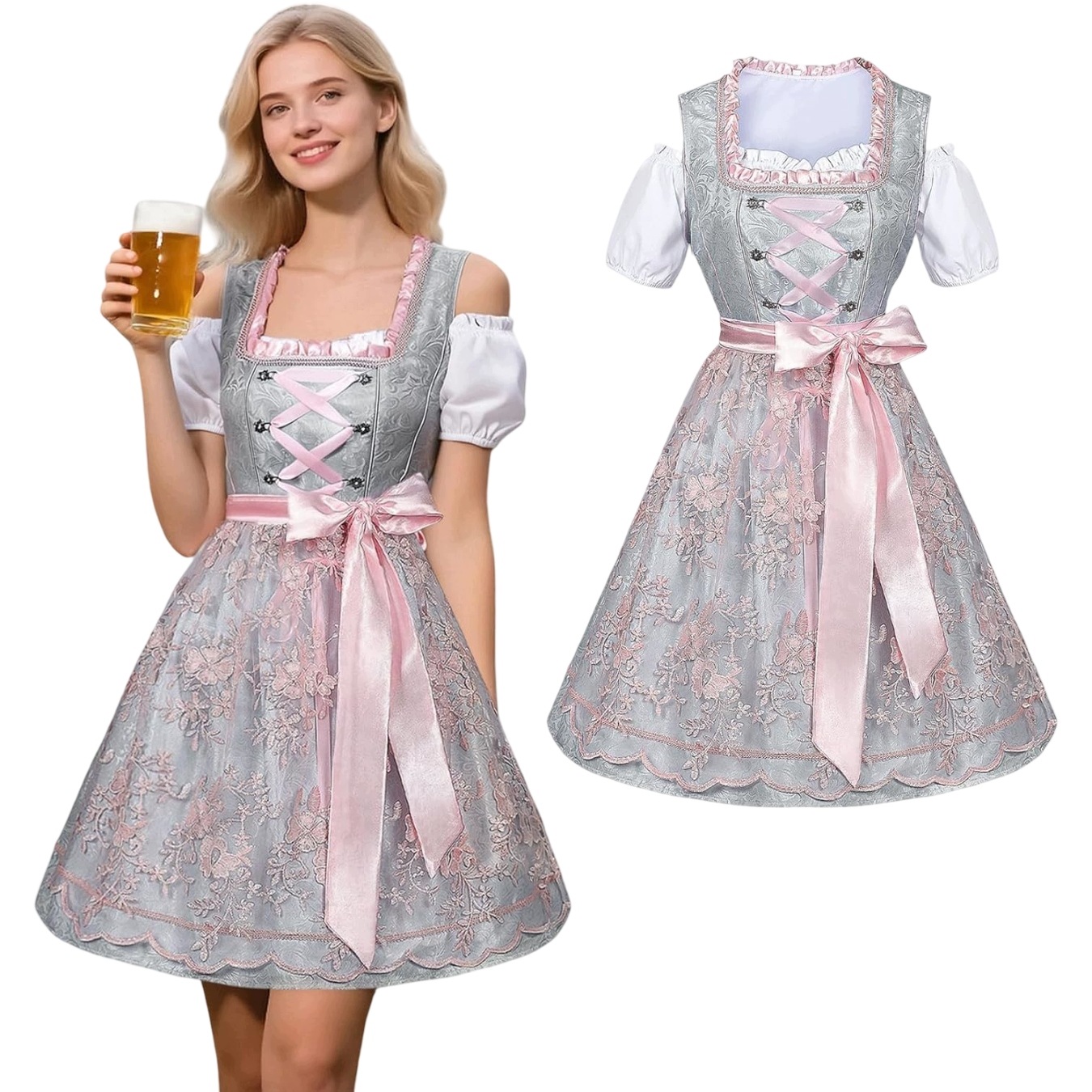 Dámská Šaty Dirndl Bavorská Oktoberfest Tradiční vyšívaná šedá 42