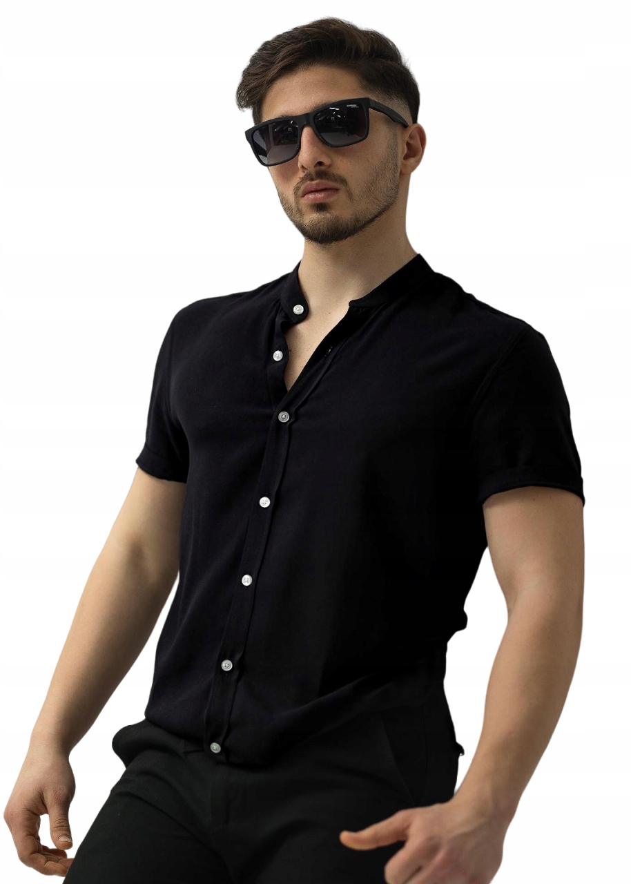 Pánská Košile Hladká Se Stojáčkem Černá Casual L