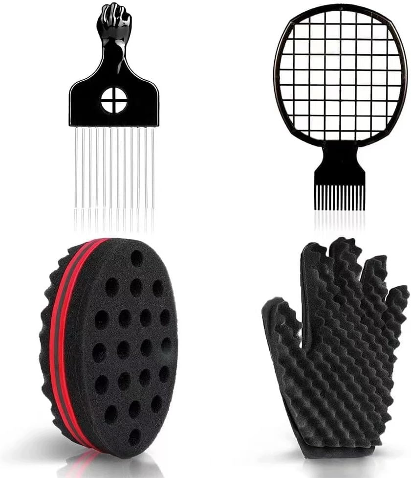 Grzebień Zestaw Gąbka Do Włosów Afro Twist Metalowy 4 Części Koki Kręcone