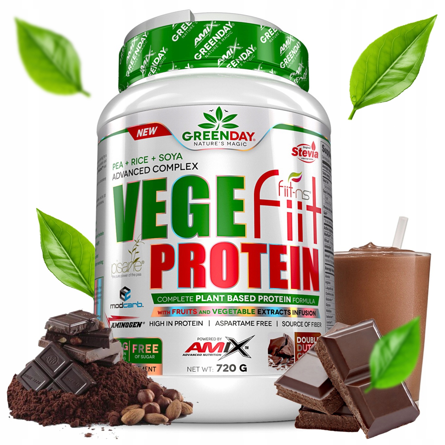 Veganská doplněk stravy bílkovina sója hrách rýže bez laktózy se stévií