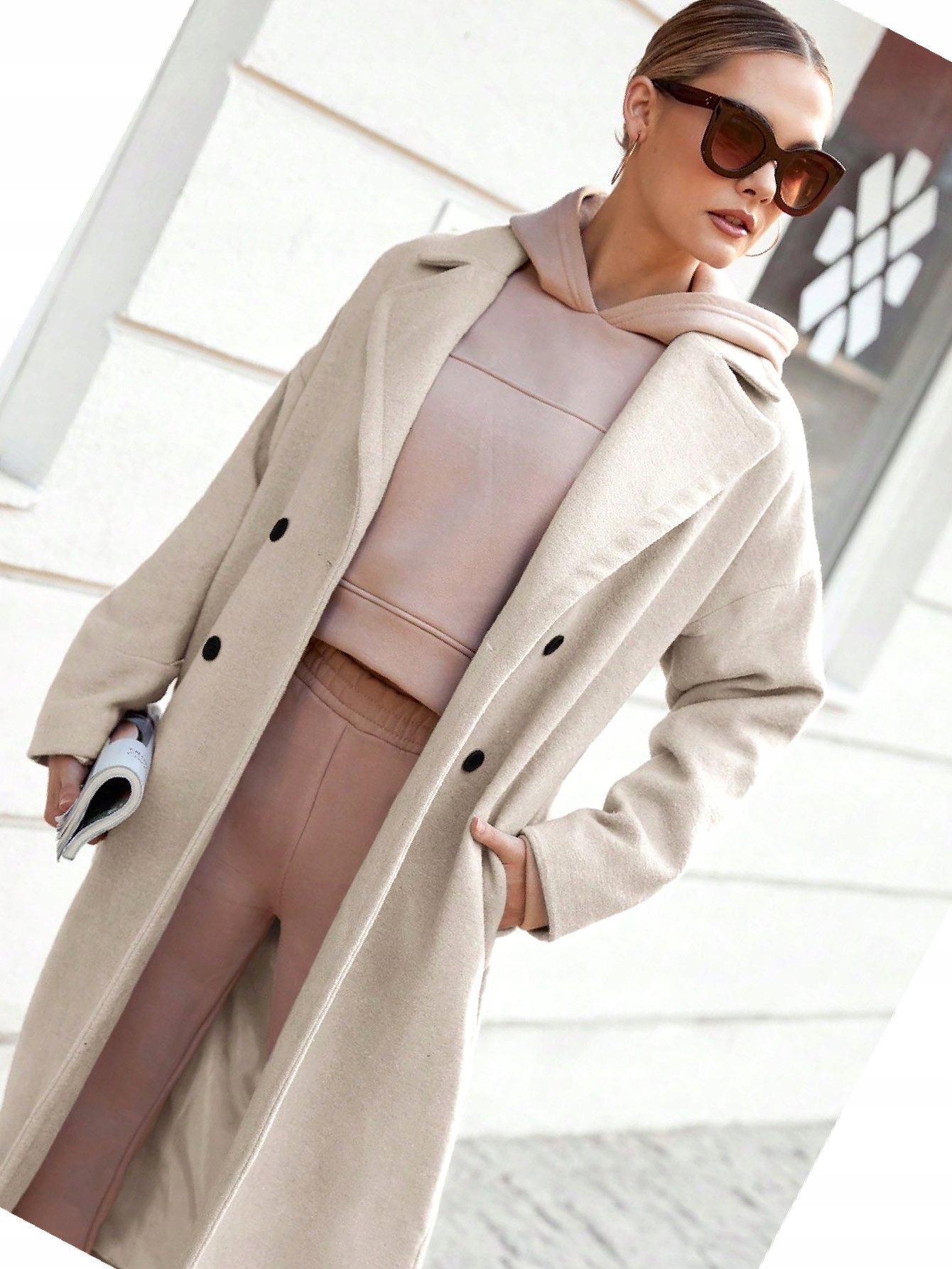 Dámský dvouřadý kabát s dlouhými klopami, béžový, Casual, velikost M 38