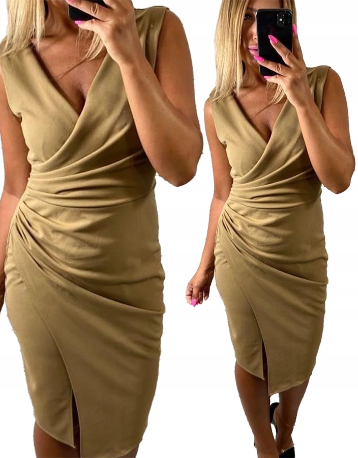 Šaty Midi Kopertová Béžová Elegantní Barvy řasení vel. 42