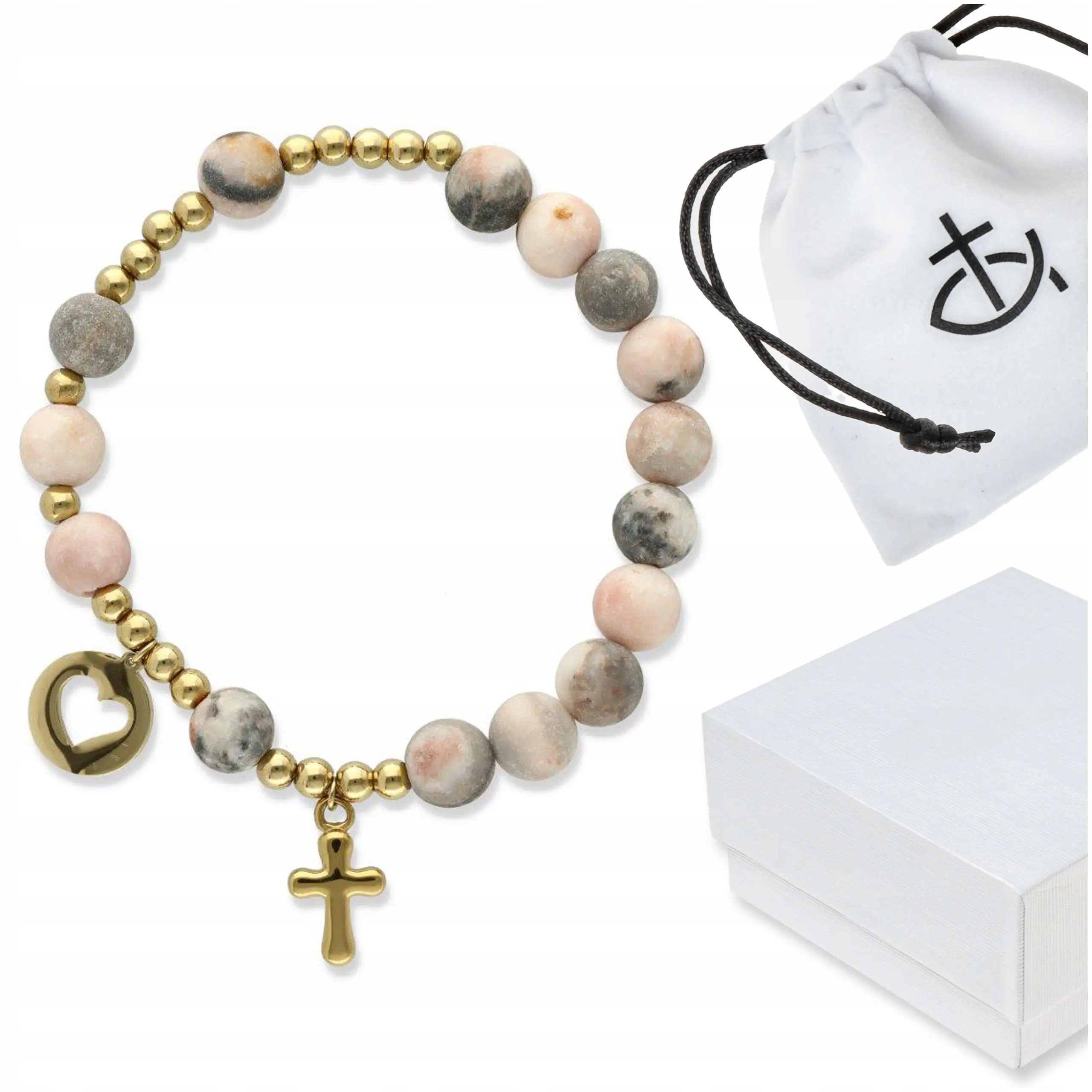 Růženec náramek na ruku z kamínků opál růžový pudrový zlacený Krabička