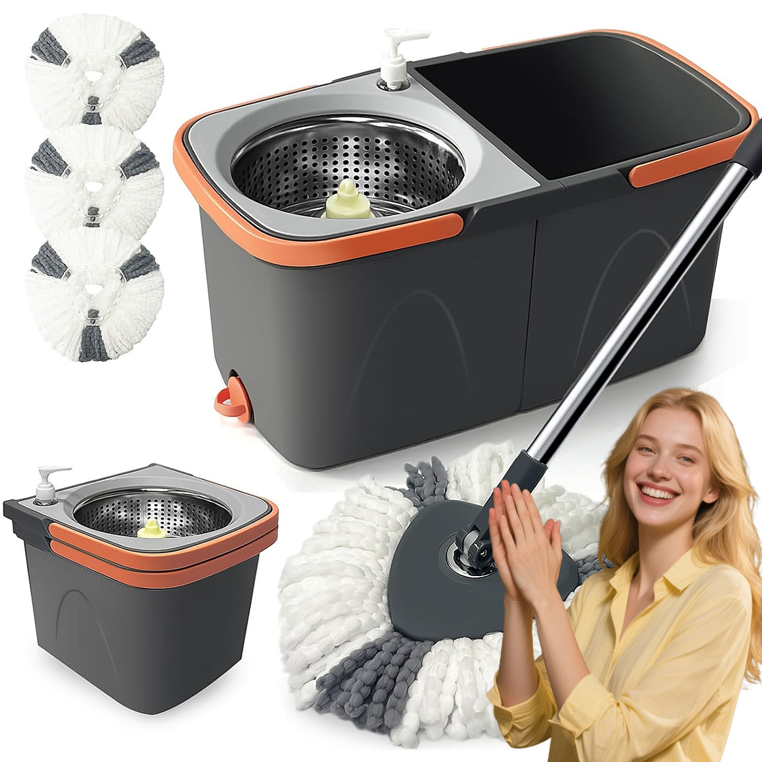 Levně Rotační Mop S Kbelíkem 2V1 Rotační Dvoukomorový Odšťavňovač Kulatý 3 Náplně