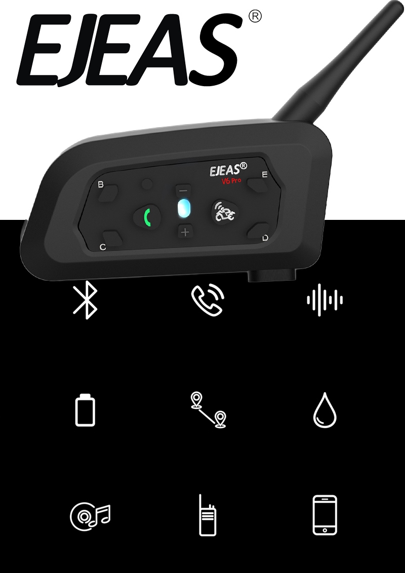 INTERKOM MOTOCYKLOWY EJEAS V6 PRO USB-C 2024 Bluetooth 5.1 na kask Montaż bazy na zaczep