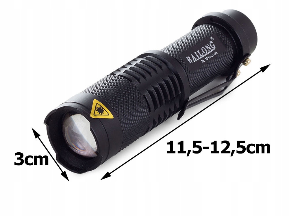 LATARKA TAKTYCZNA BAILONG LED CREE XM-L3-U3 ZOOM WOJSKOWA MOCNA REFLEKTOR Długość 12 cm