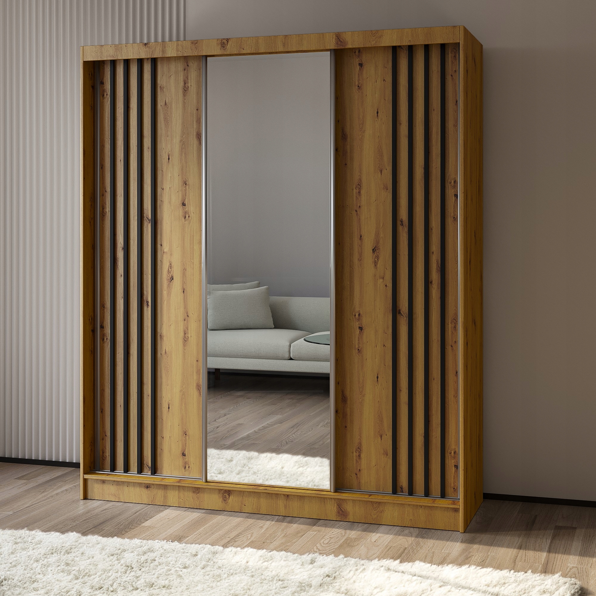 Skříň skříň Nelvia 180 cm Skříň se zrcadlem Posuvná dub artisan