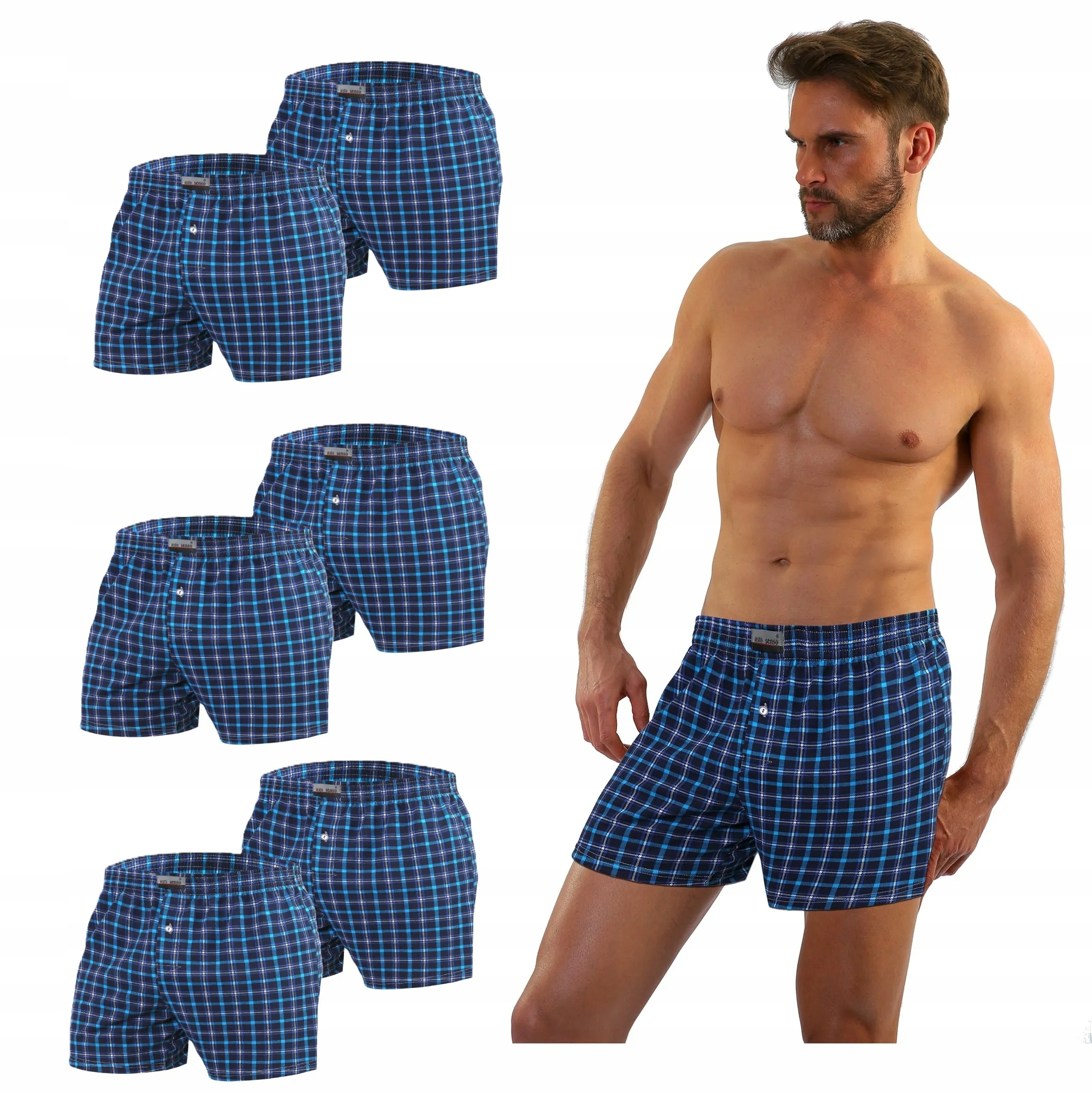 Sesto Senso 6-PAK pánské boxerky BM01 Vzor 2 bavlna Mřížka Tmavě modrá XL