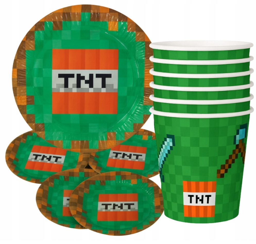 ТАРЕЛКИ БУМАЖНЫЕ СТАКАНЧИКИ НАБОР ПИКСЕЛИ КИРКА МЕЧ CREEP ЗЕЛЕНЫЙ