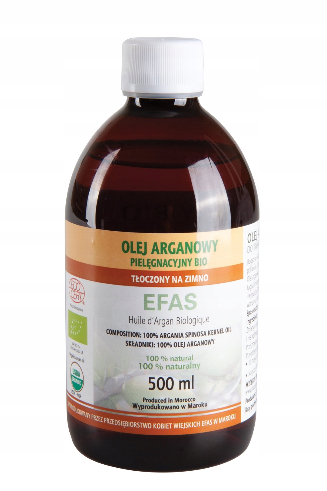 Efas Olej Arganowy Pielęgnacyjny Bio Do Twarzy, Ciała, Włosów 500ml Ecocert