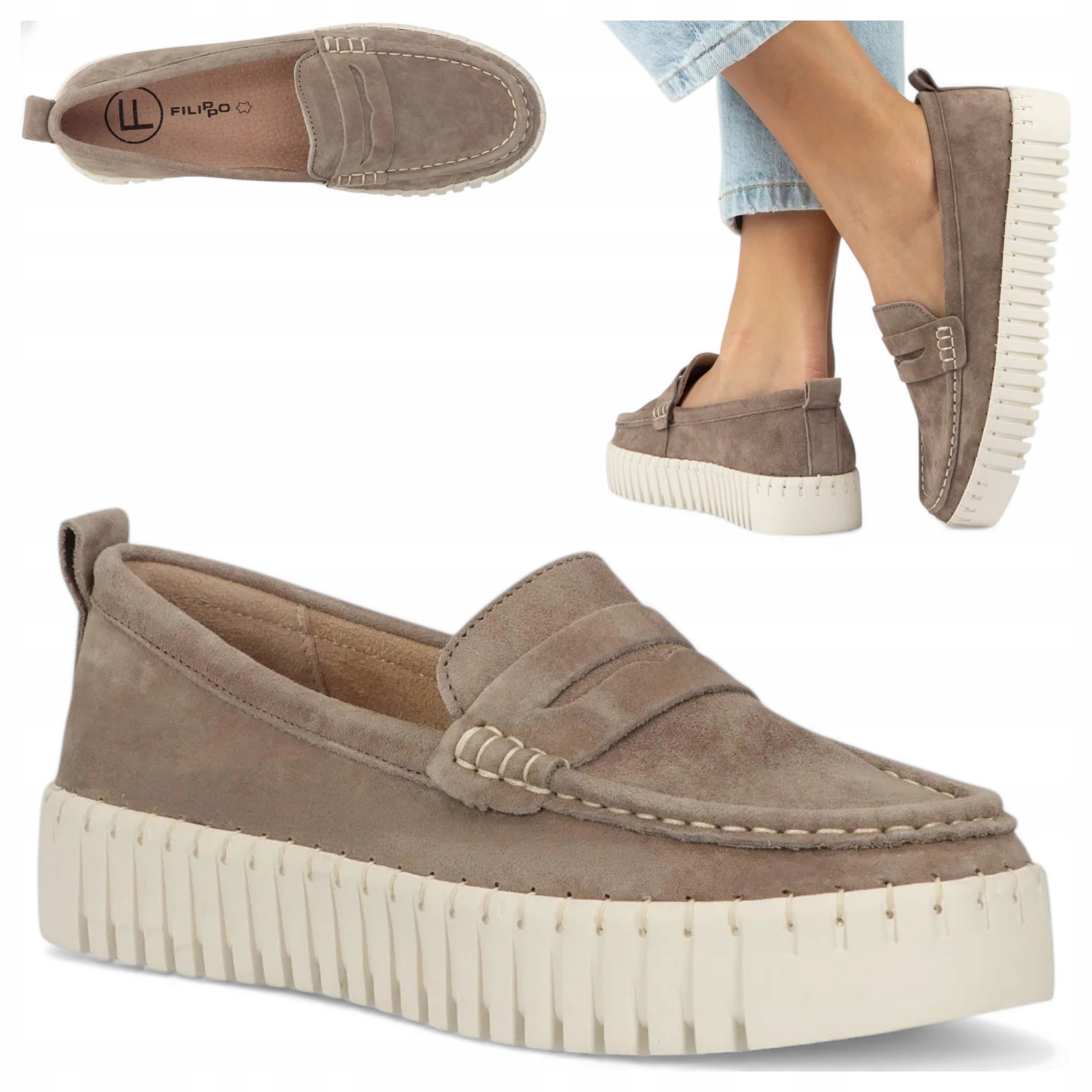 Mokasyny Damskie Skórzane 39 Filippo Zamszowe Półbuty na Platformie Beżowe