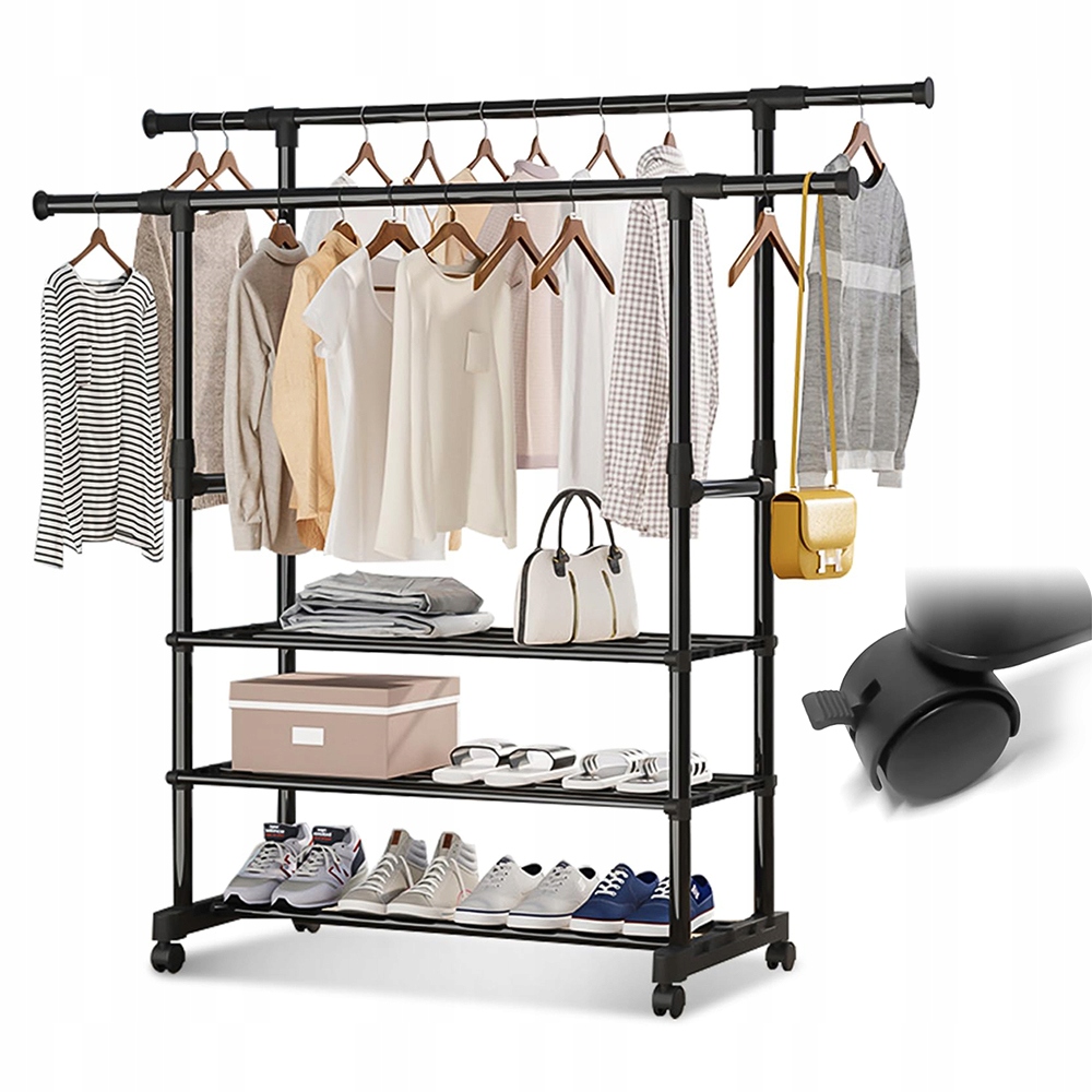 Levně Věšák Na Oblečení Stojan 3-ÚROVŇOVÝ, S Kolečkem Stojící Šatník Boty Skříň