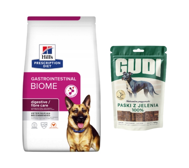 Levně Hill's Pd Gastrointestinal Biome 10 kg Jelení masové proužky Gudi 100 g