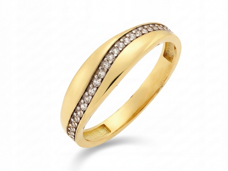 Zlatý snubní prstýnek 585 se stuhou a malými kubickými zirkony na 14karátovém lemu
