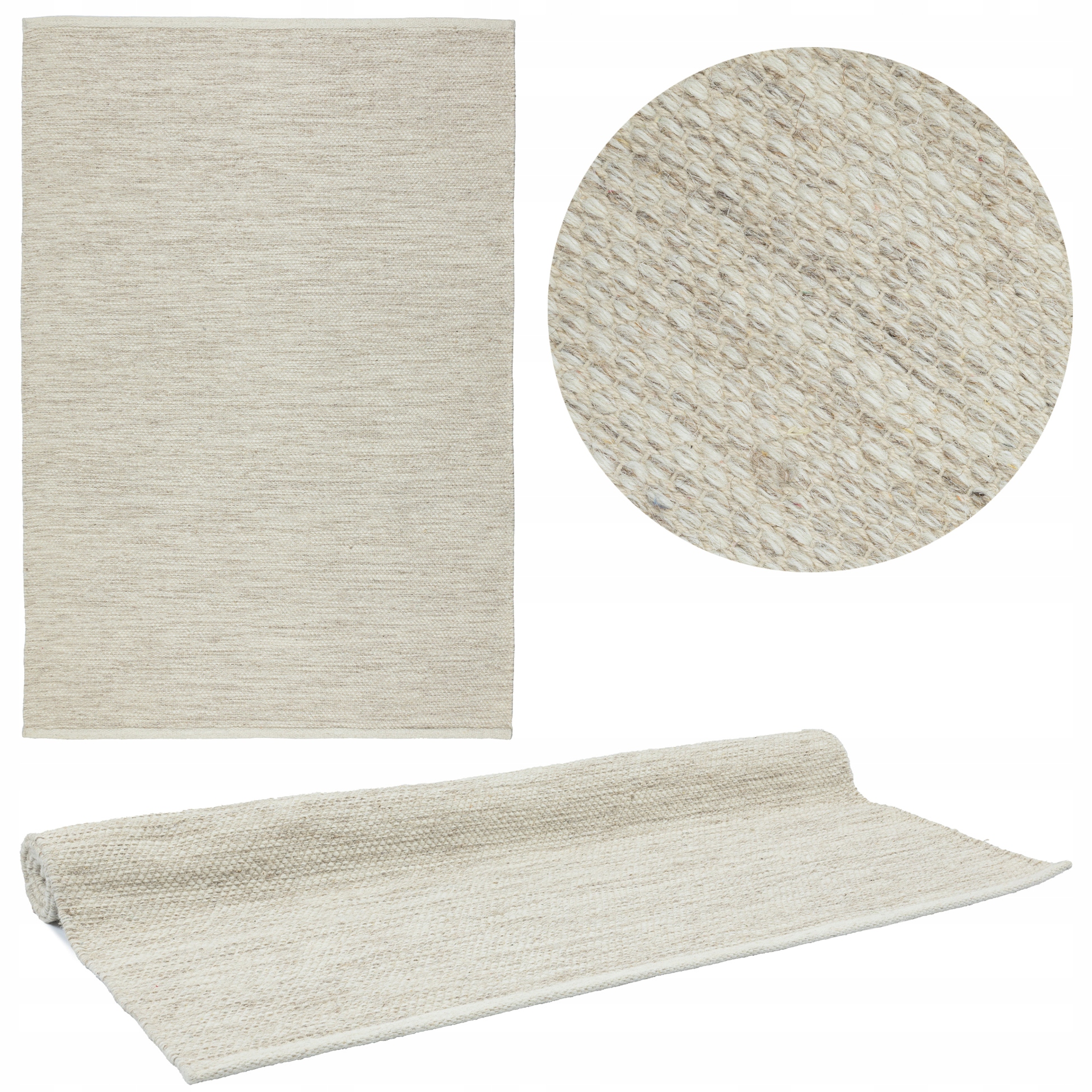 Vlnený Koberec Béžový Do Obývačky 120x170CM Boho Prírodný Plocho Tkaný