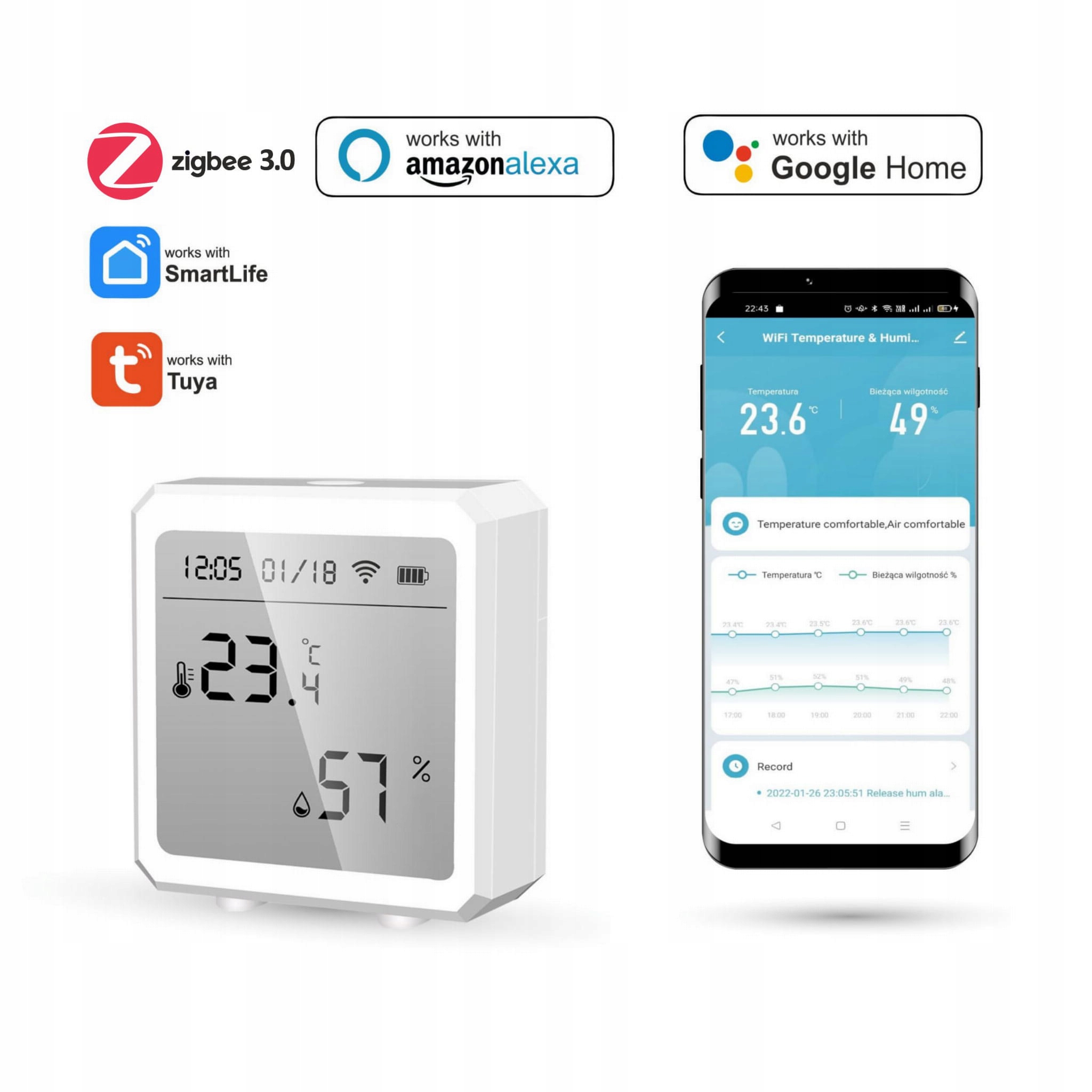 Snímač teploty a vlhkosti Zigbee Tuya Bílý