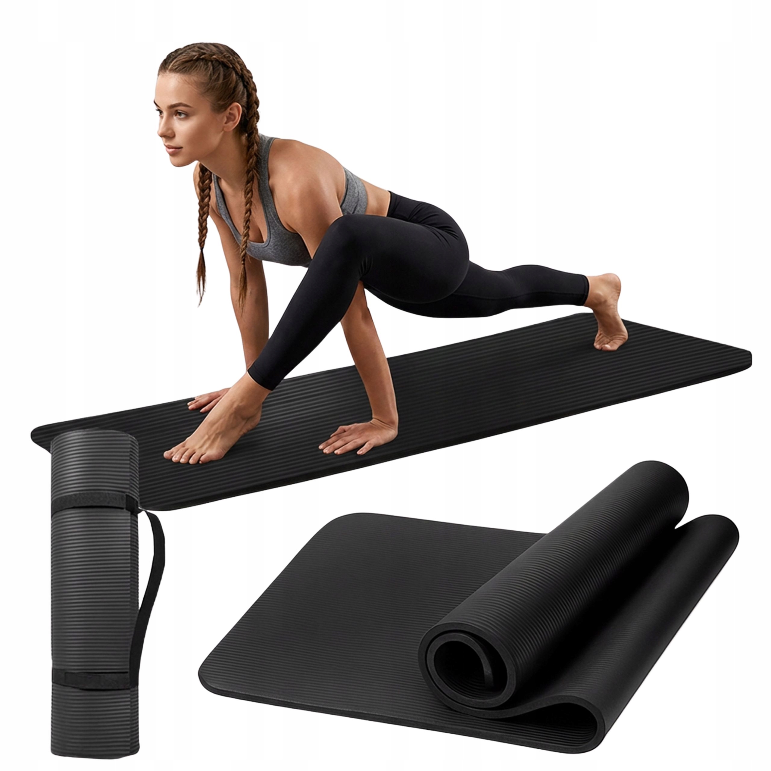 Mata do ćwiczeń czarna gruba miękka fitness pilates 1,5 cm Nbr duża 183 cm