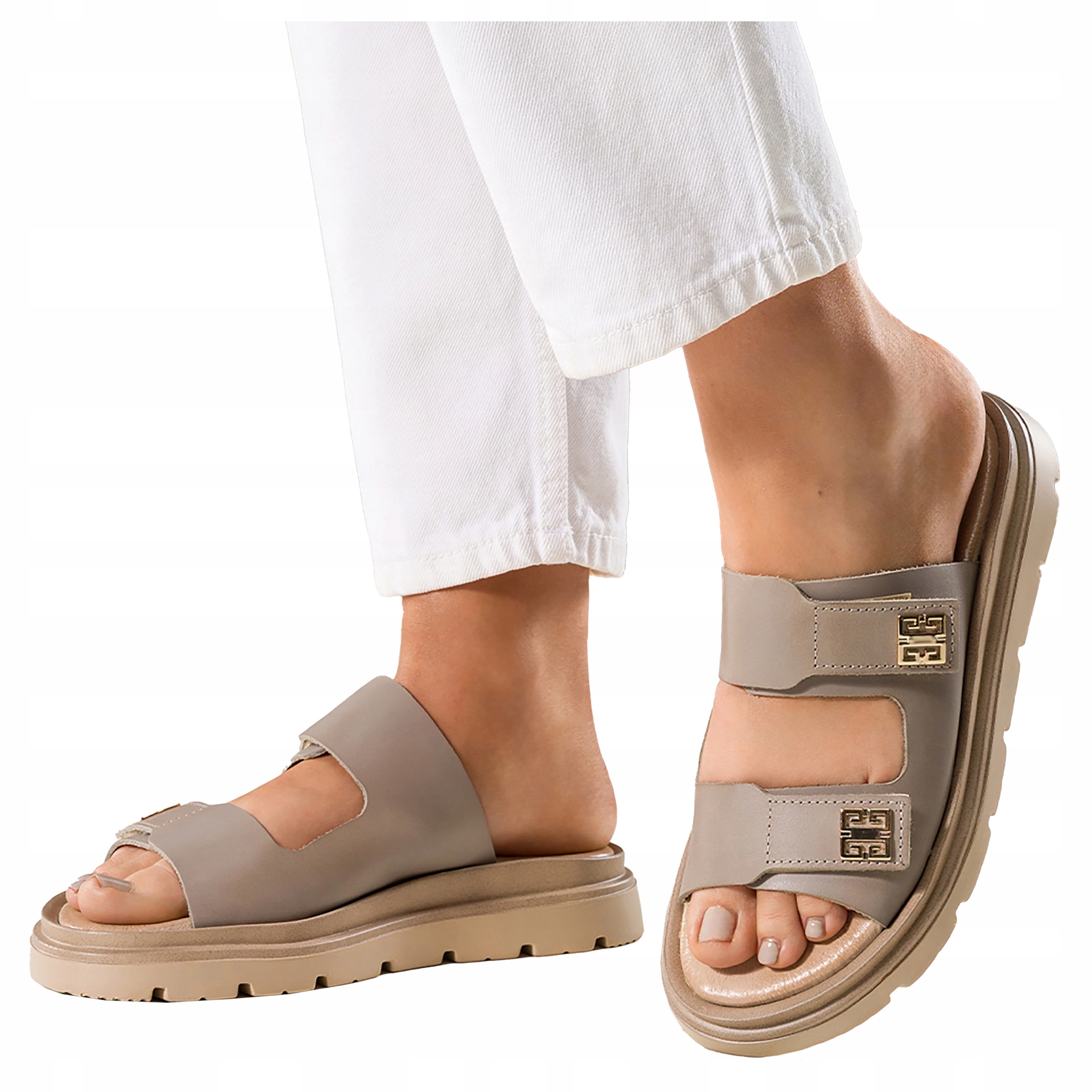 Béžové Žabky Kožené Dámské Nastavitelné Pásky Na Suchý Zip Výrobek Polský vel. 40