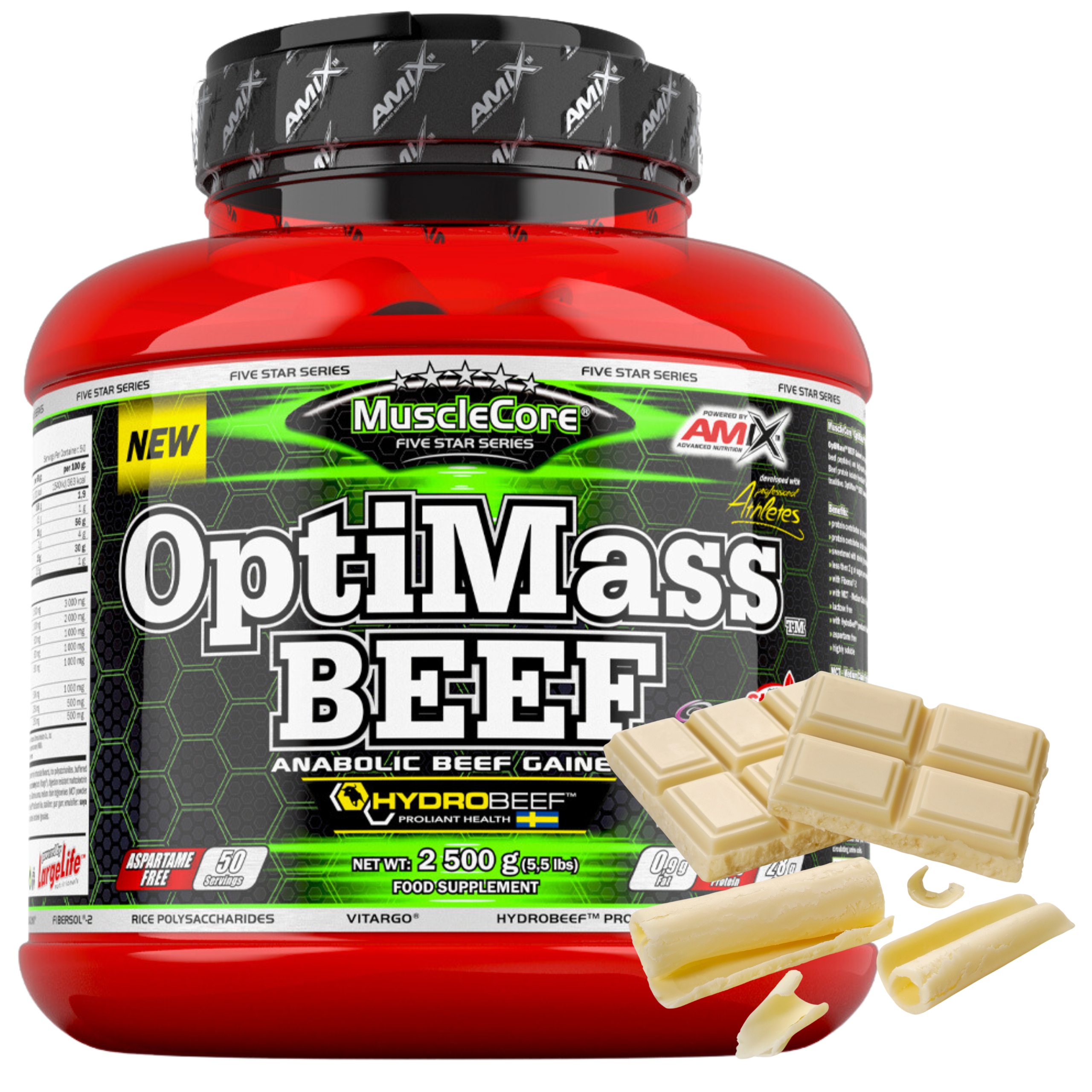 Hovězí protein Gainer OptiMass Beef Aminokyseliny Bcaa Vláknina Glutamin Mct