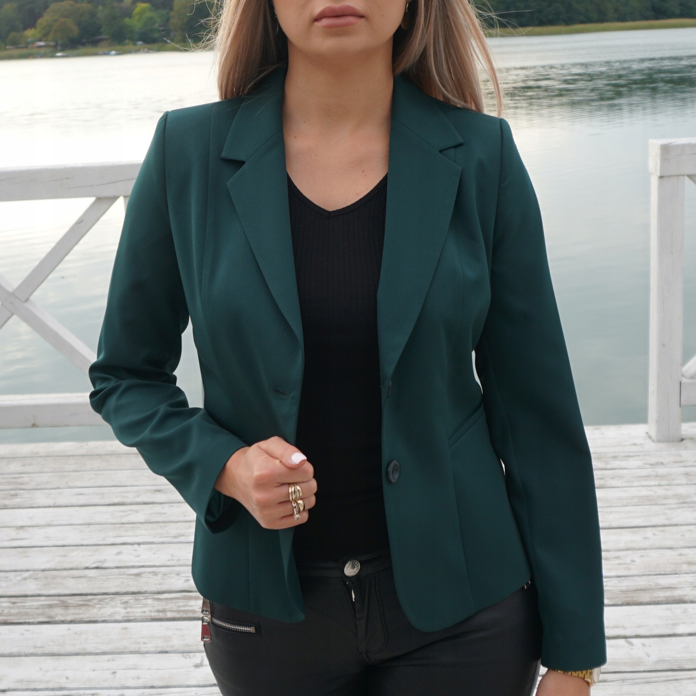 Żakiet damski klasyczny z klapami zielony roz.46 Rękaw długi rękaw