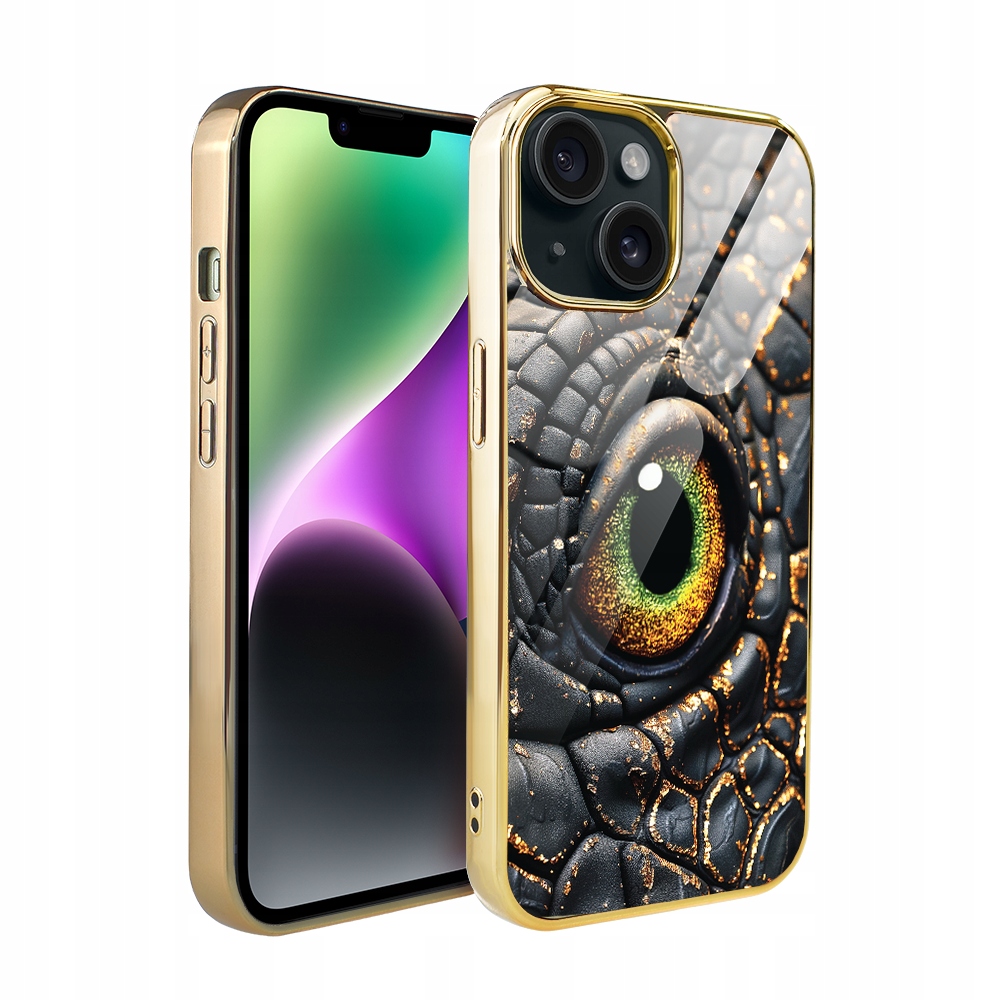 Pouzdro pro iPhone 14 Ibizu Elite Glass, skleněná zadní strana, amber dragon, zlaté