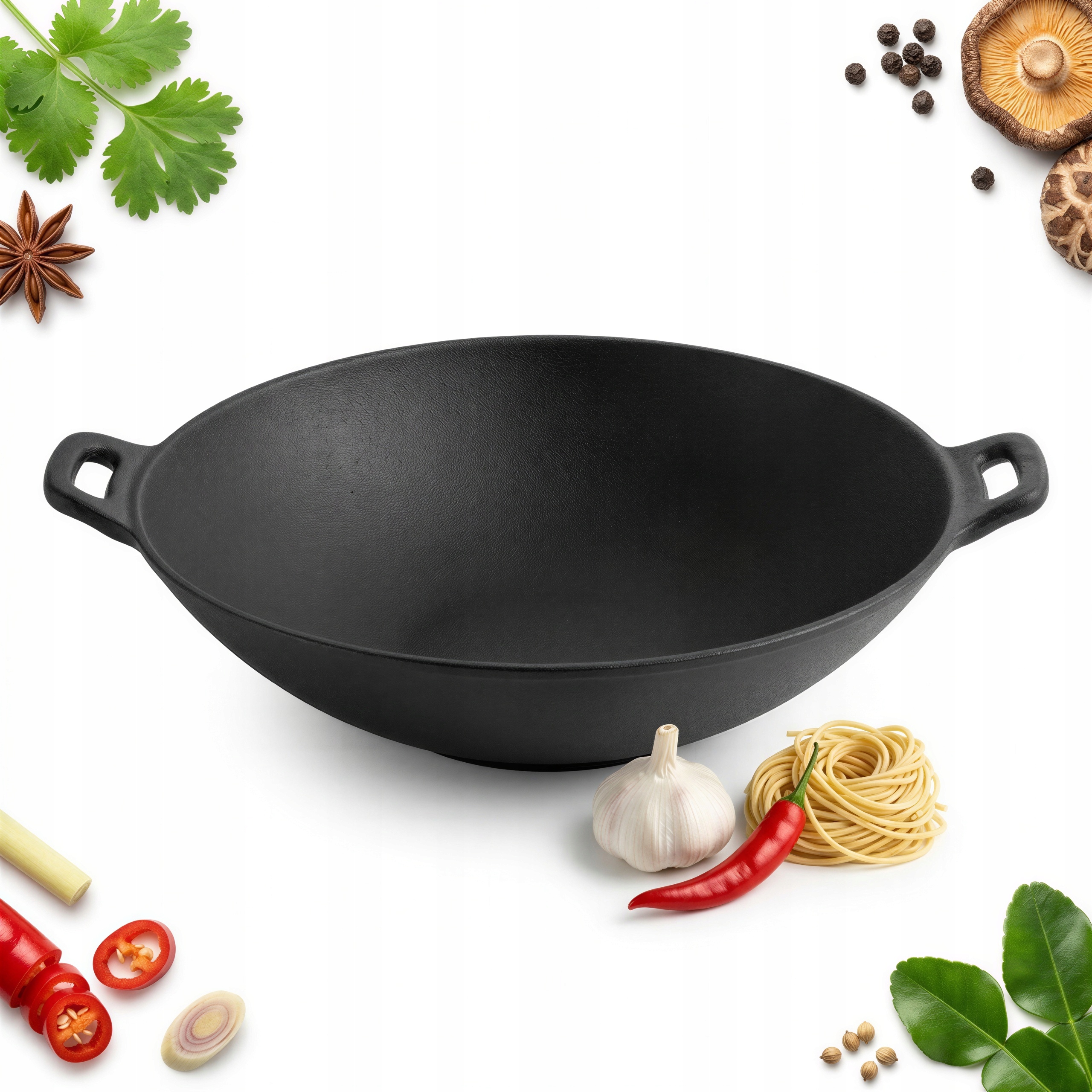 Wok Liatinová Panvica Čierna Na Smaženie A Dusenie Ø36 CM Pevný Odliatok